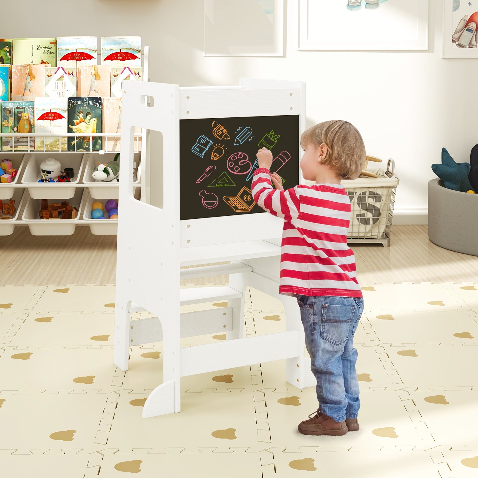 Toddler Kitchen Step Stool with Activity Chalkboard & Adjustable Height-White