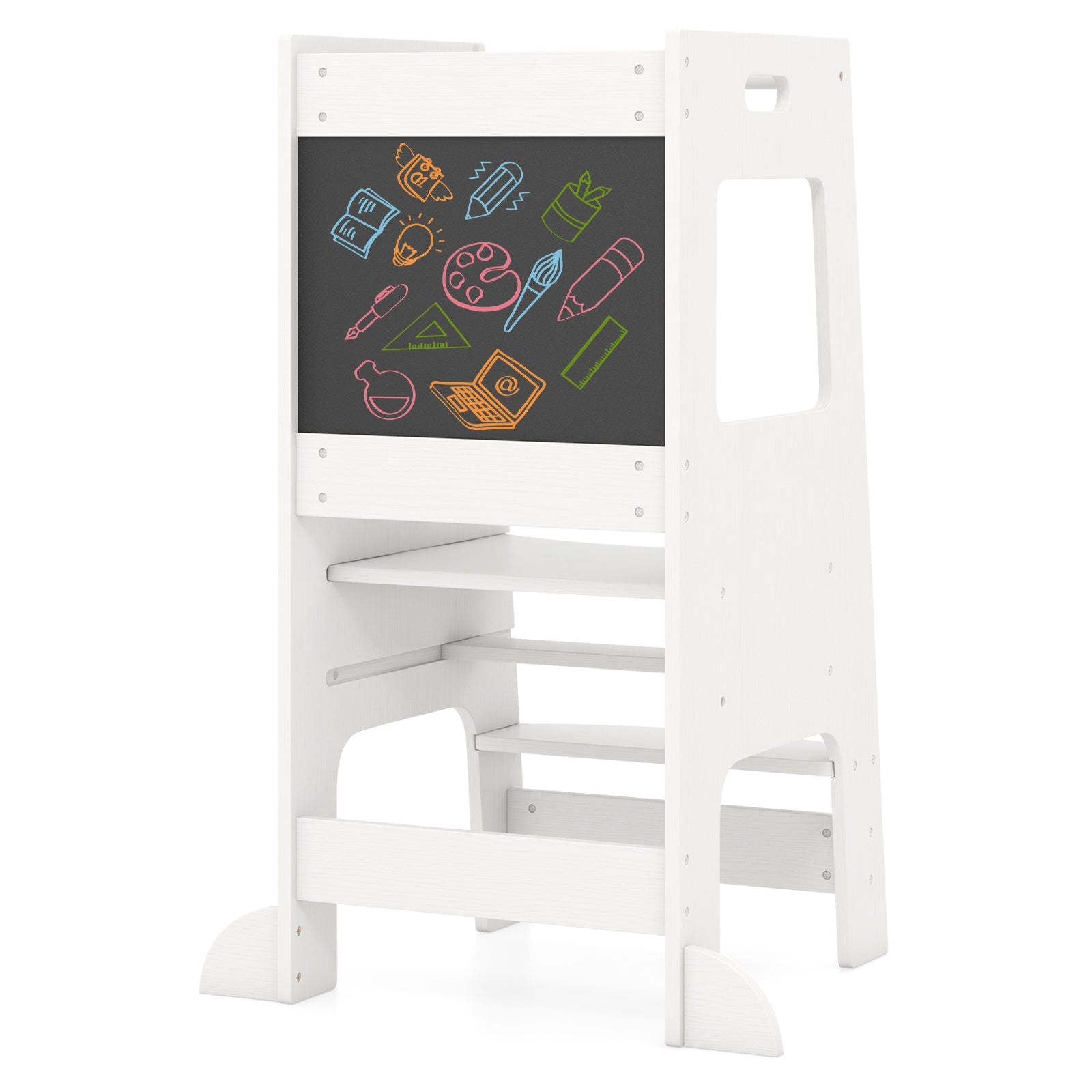 Toddler Kitchen Step Stool with Activity Chalkboard & Adjustable Height-White