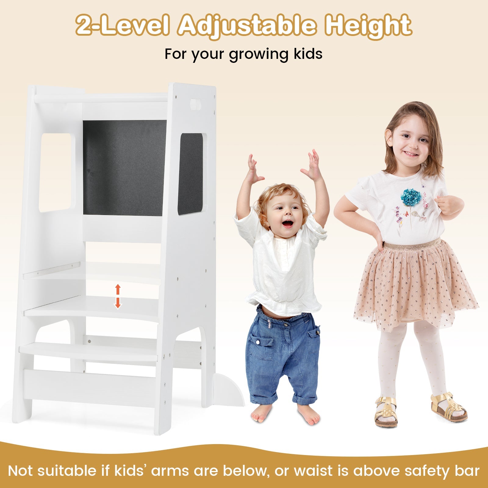 Toddler Kitchen Step Stool with Activity Chalkboard & Adjustable Height-White