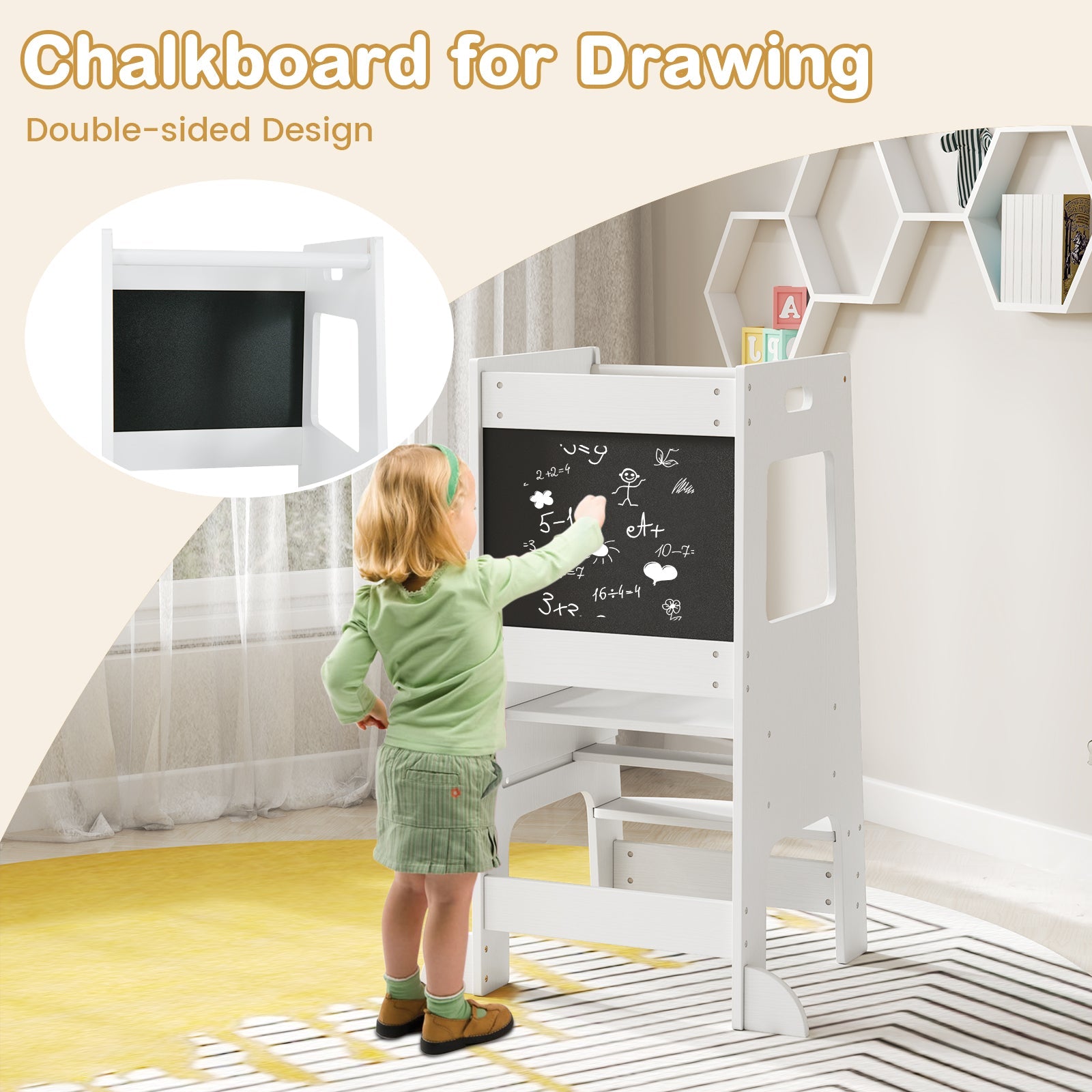 Toddler Kitchen Step Stool with Activity Chalkboard & Adjustable Height-White