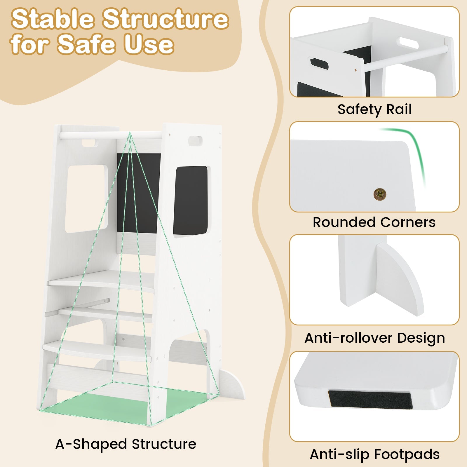 Toddler Kitchen Step Stool with Activity Chalkboard & Adjustable Height-White