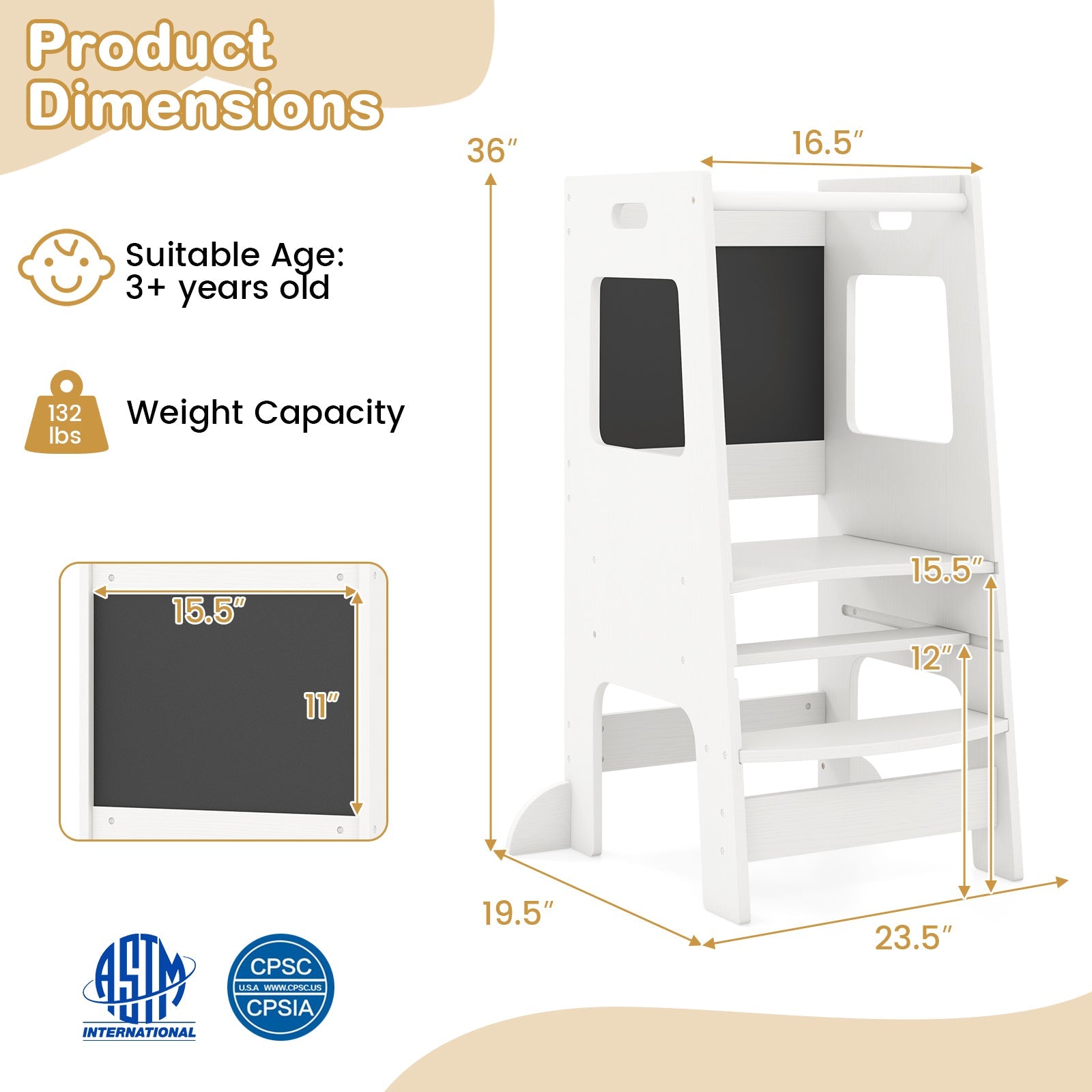 Toddler Kitchen Step Stool with Activity Chalkboard & Adjustable Height-White