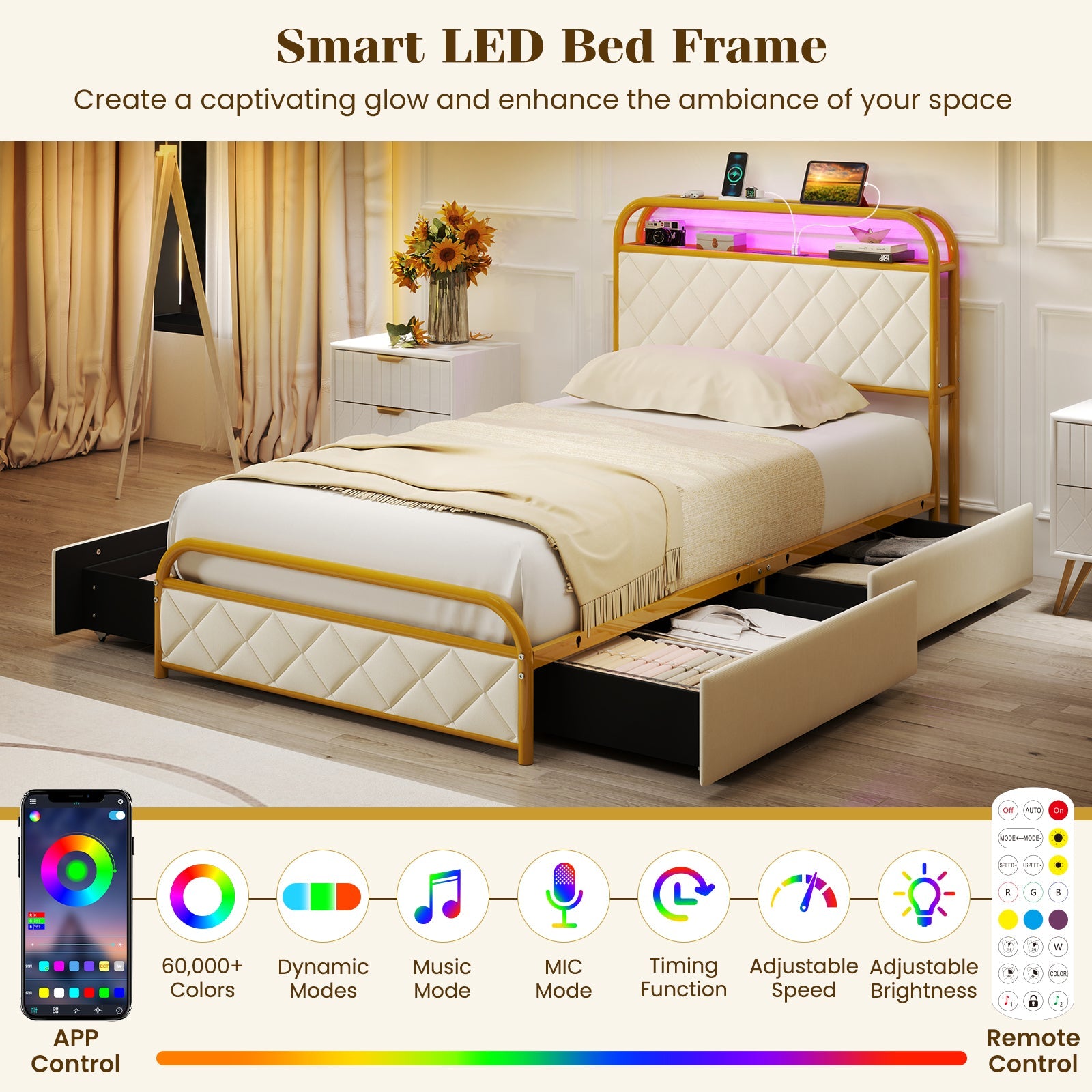 Twin/Full/Queen Size Bed Frame with LED Lights and Charging Station Gold-Twin Size