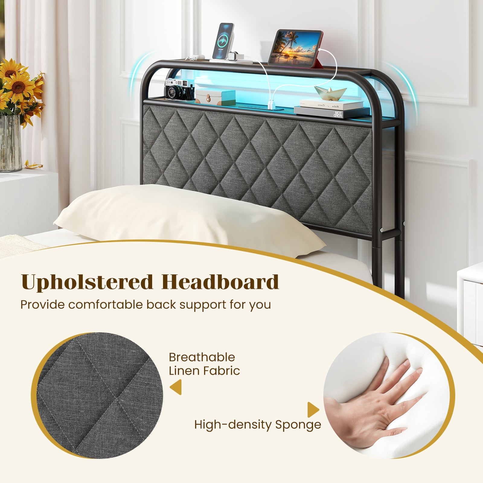 Twin/Full/Queen Size Bed Frame with LED Lights and Charging Station-Twin Size