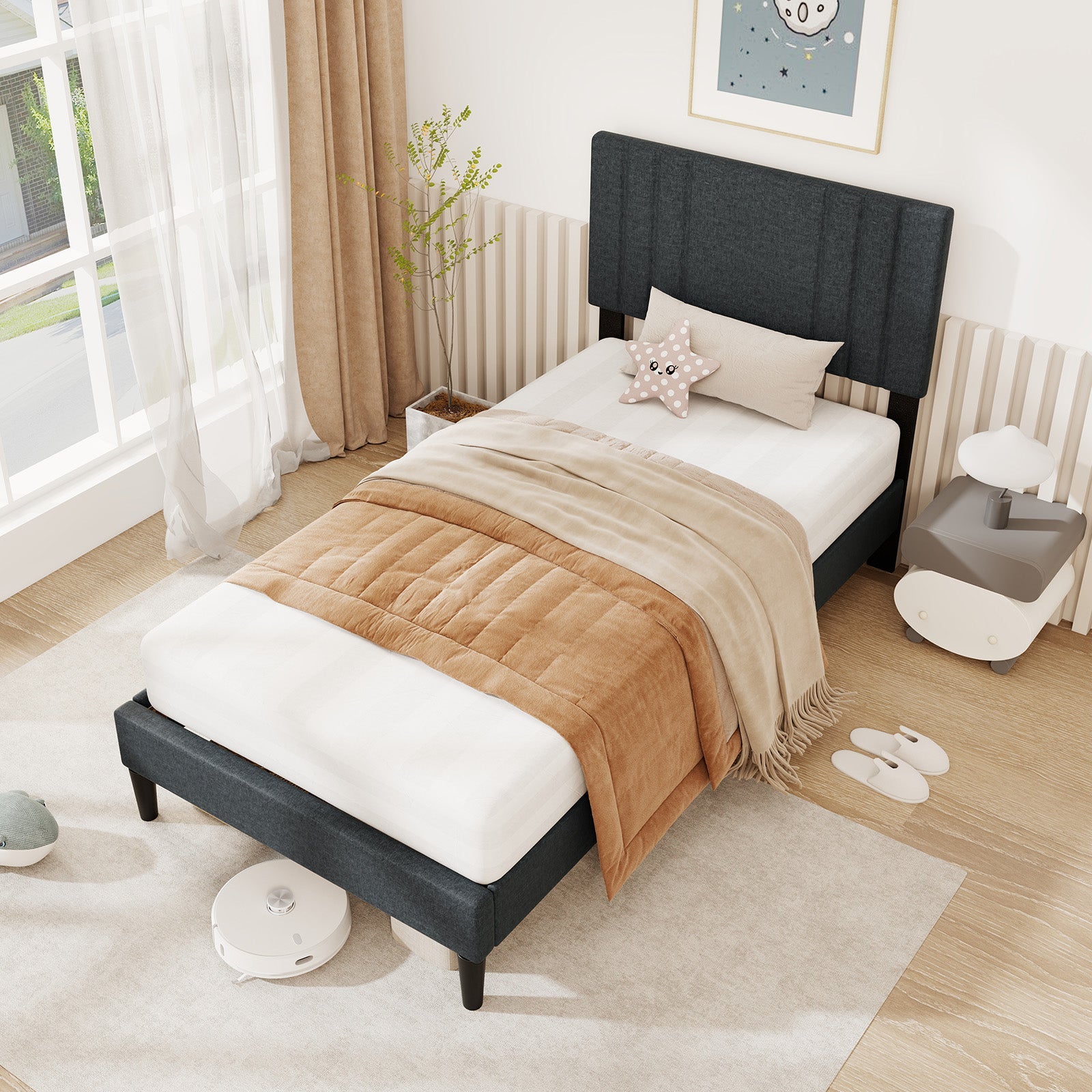 Full/Queen/Twin Size Bed Frame with Vertical Channel Tufted Headboard-Twin Size