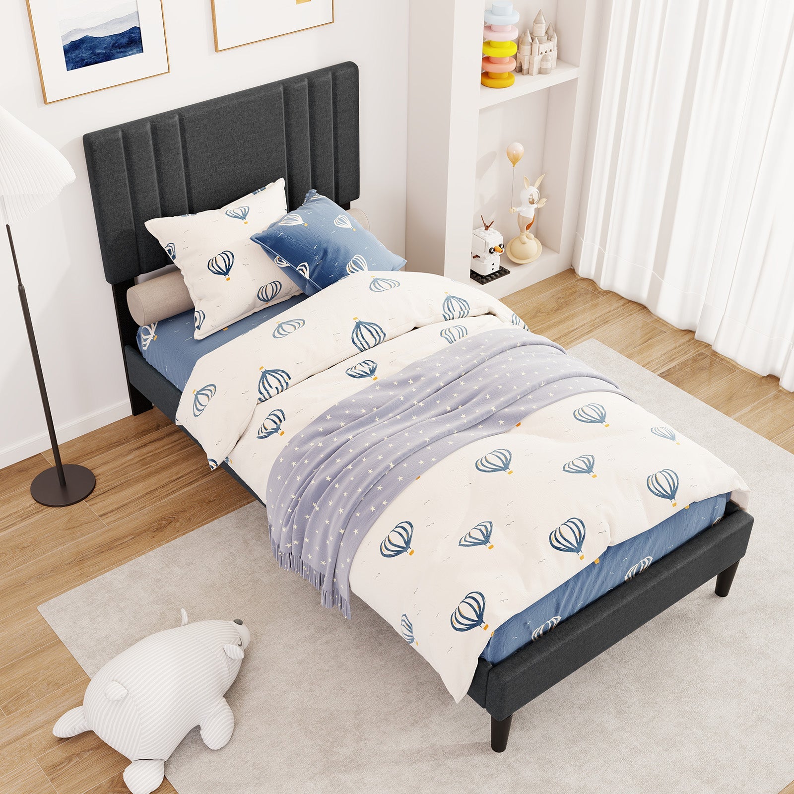 Full/Queen/Twin Size Bed Frame with Vertical Channel Tufted Headboard-Twin Size