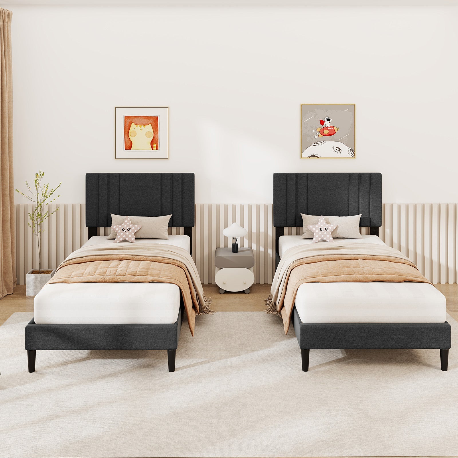 Full/Queen/Twin Size Bed Frame with Vertical Channel Tufted Headboard-Twin Size