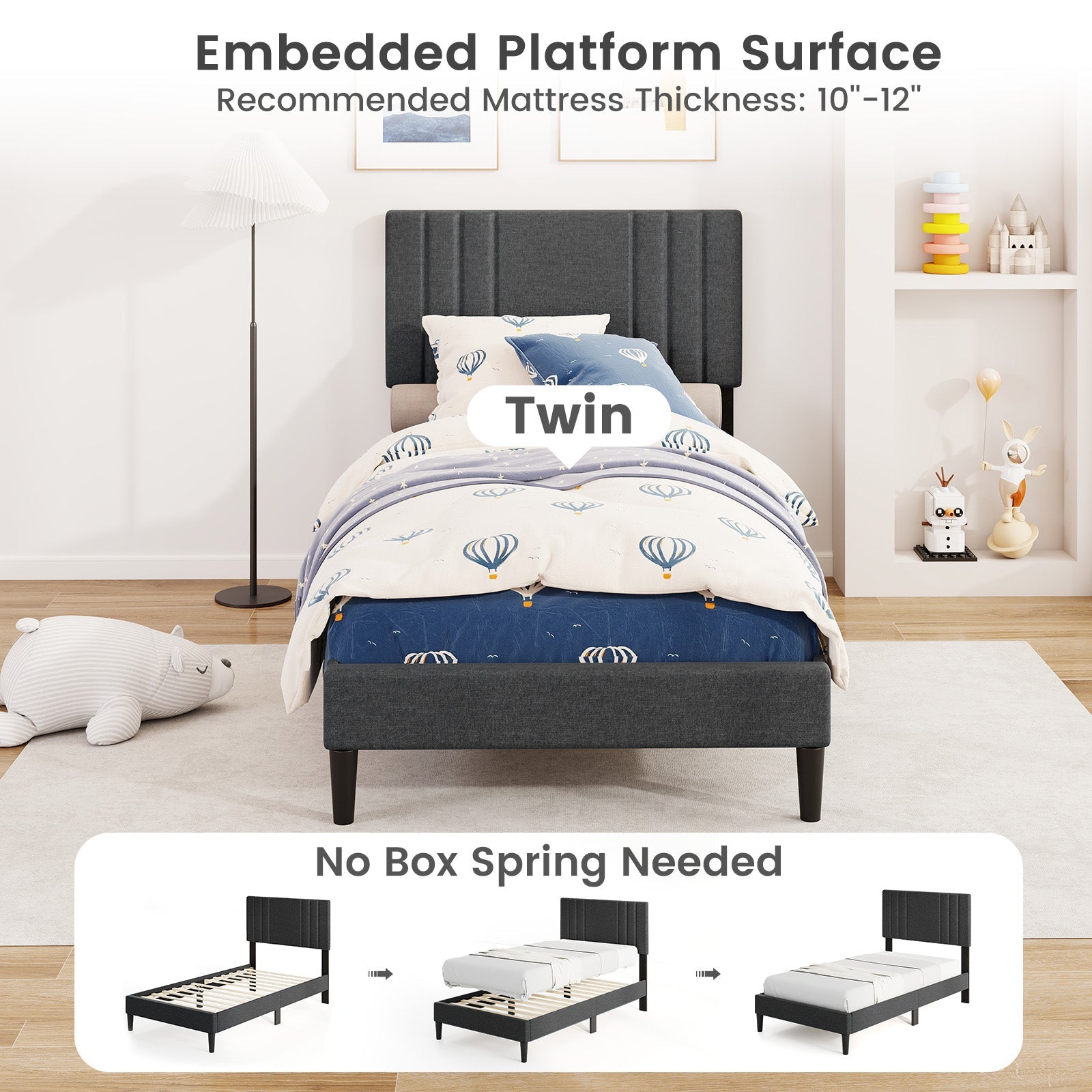 Full/Queen/Twin Size Bed Frame with Vertical Channel Tufted Headboard-Twin Size