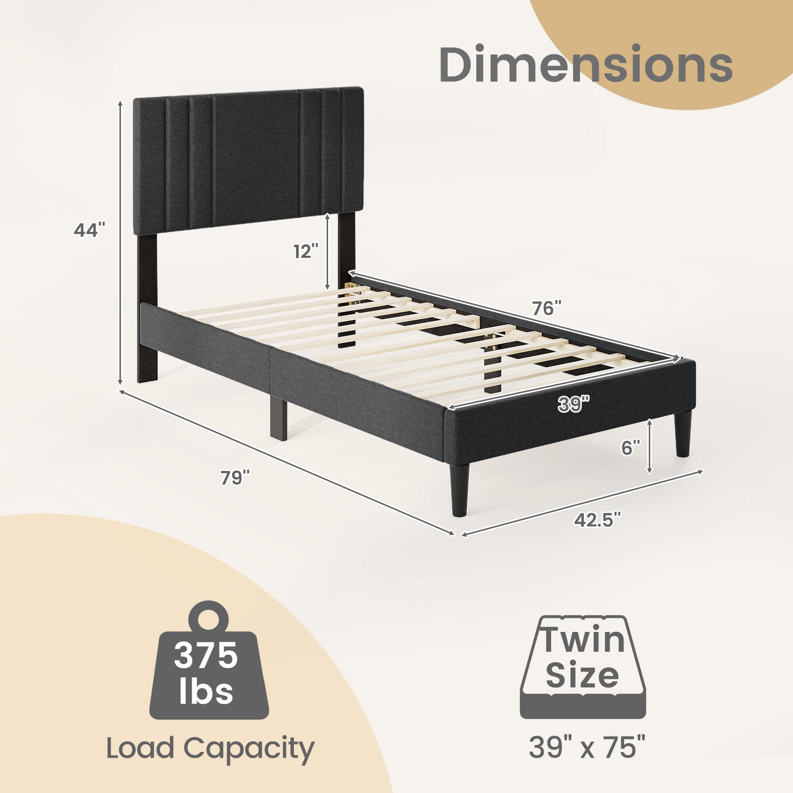 Full/Queen/Twin Size Bed Frame with Vertical Channel Tufted Headboard-Twin Size