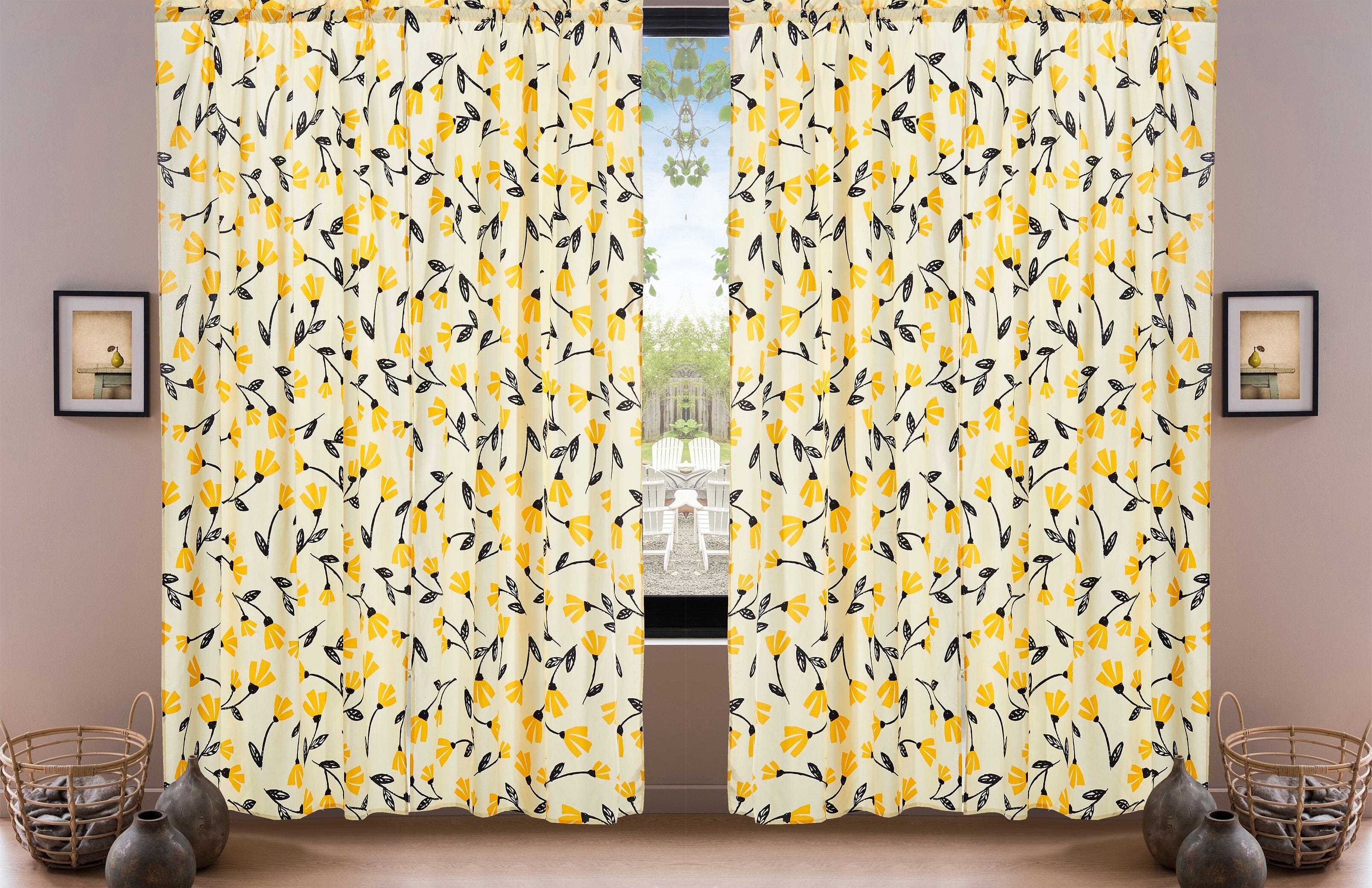 Set of 2 Botanical Floral Window Curtain Panels - Natural Semi Sheer
