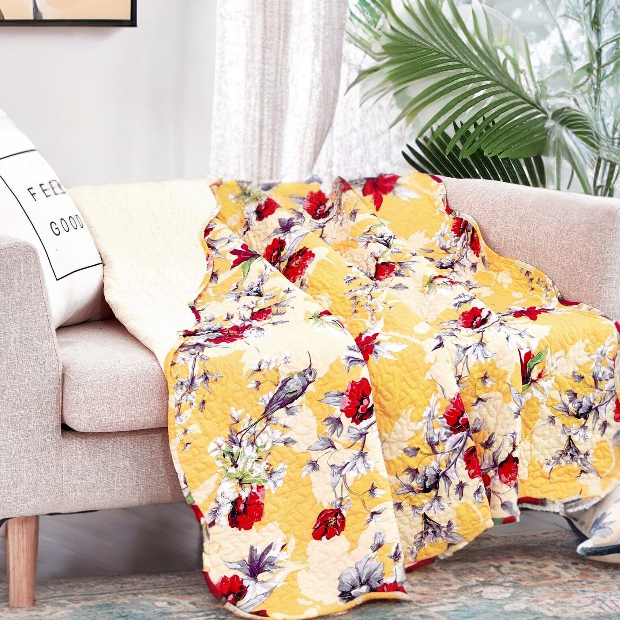 Yellow Floral Quilted Throw Blanket - Scalloped Edges
