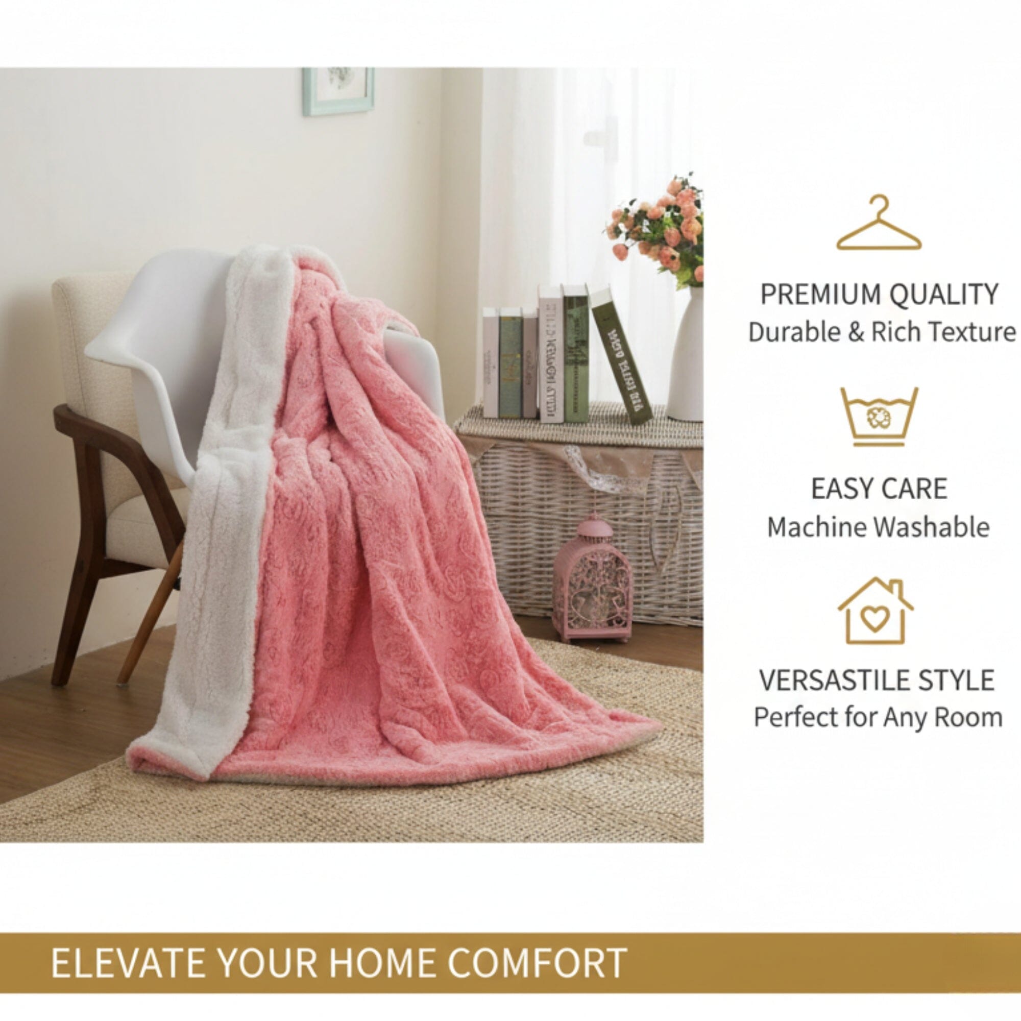 Luxury Blossom Pink Rose Buds Faux Fur Throw Blanket