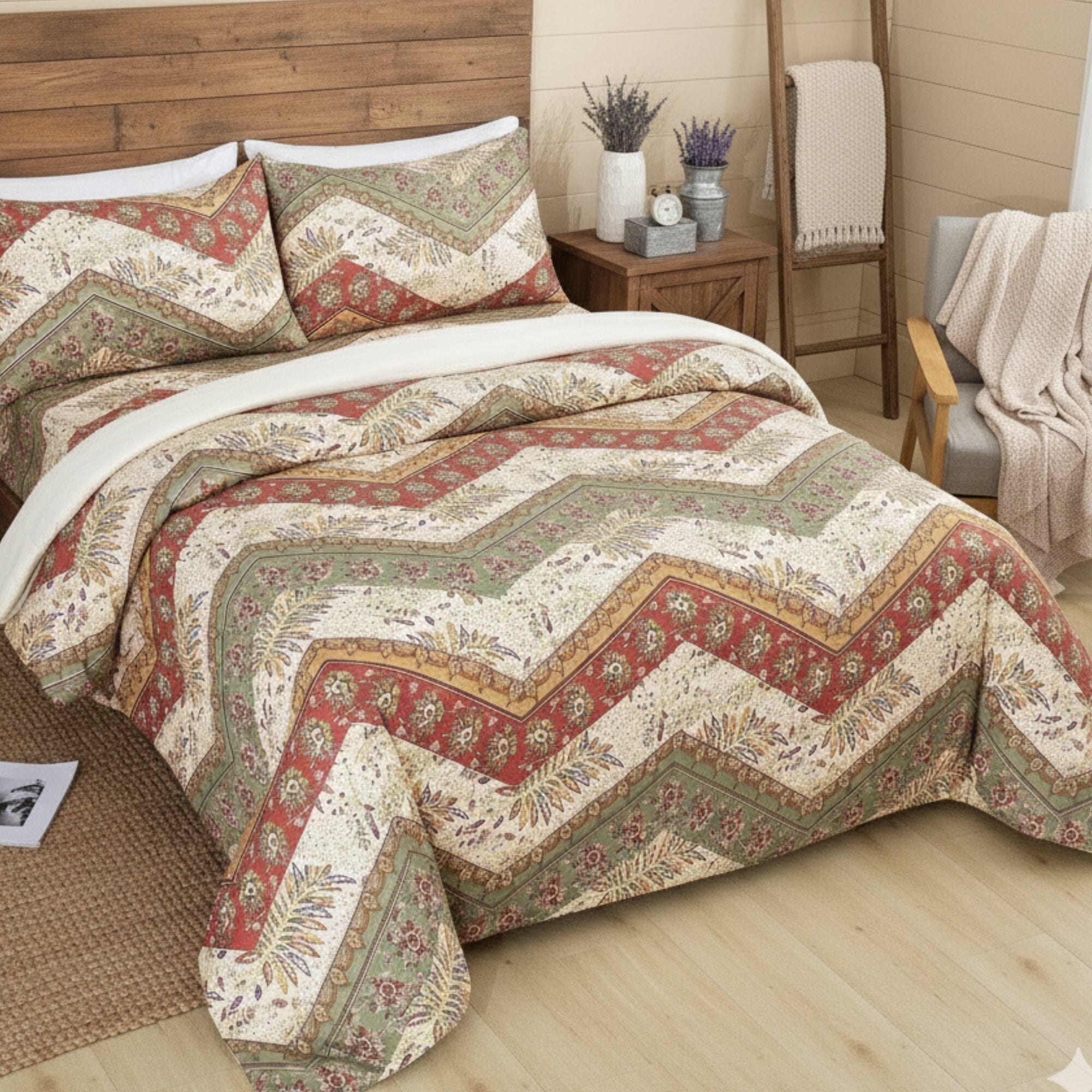 Cranberry Sage Chevron Floral Duvet Cover Set w/ Pillow Cases
