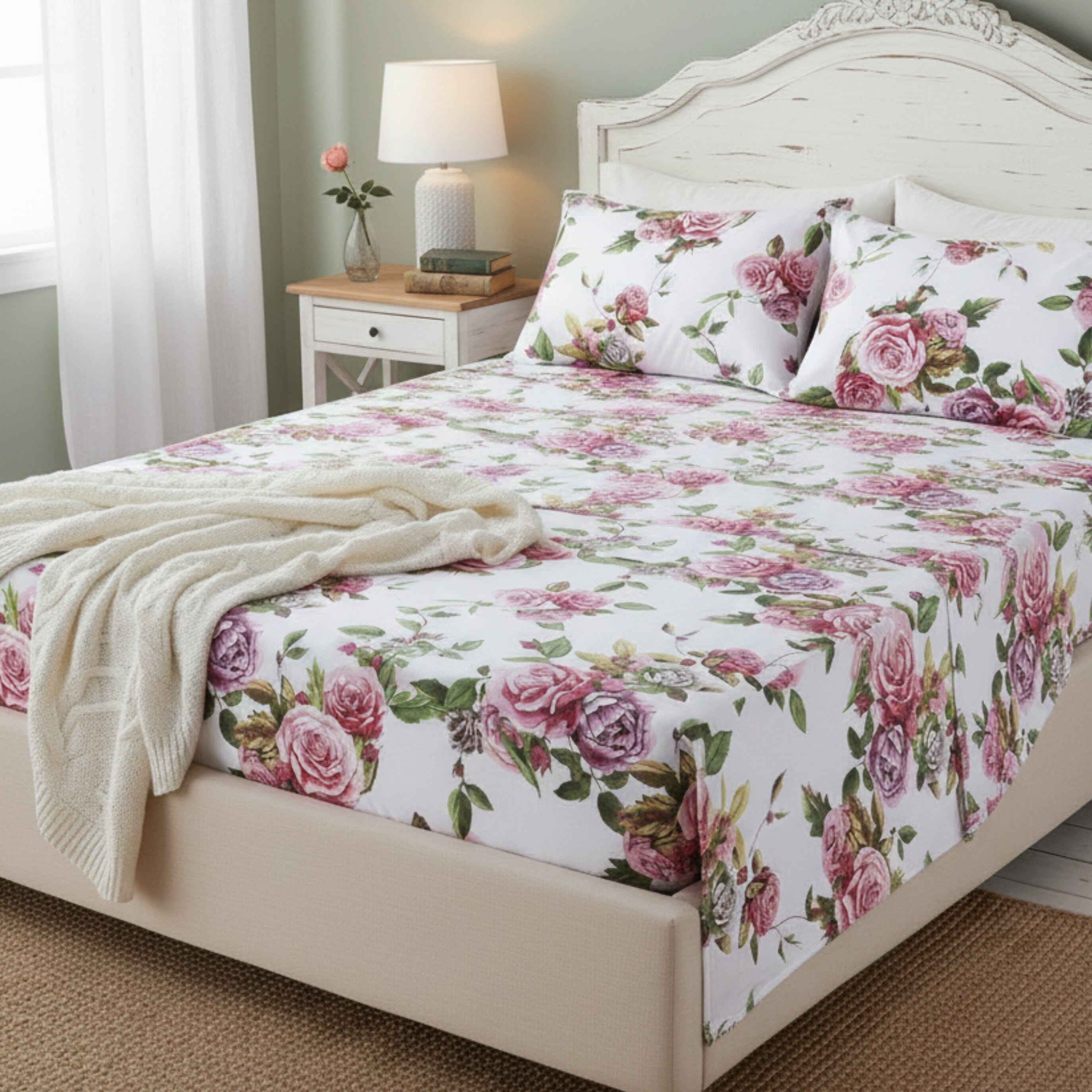 Pink Floral Garden Fitted & Flat Bed Sheet Set w/ Pillowcases