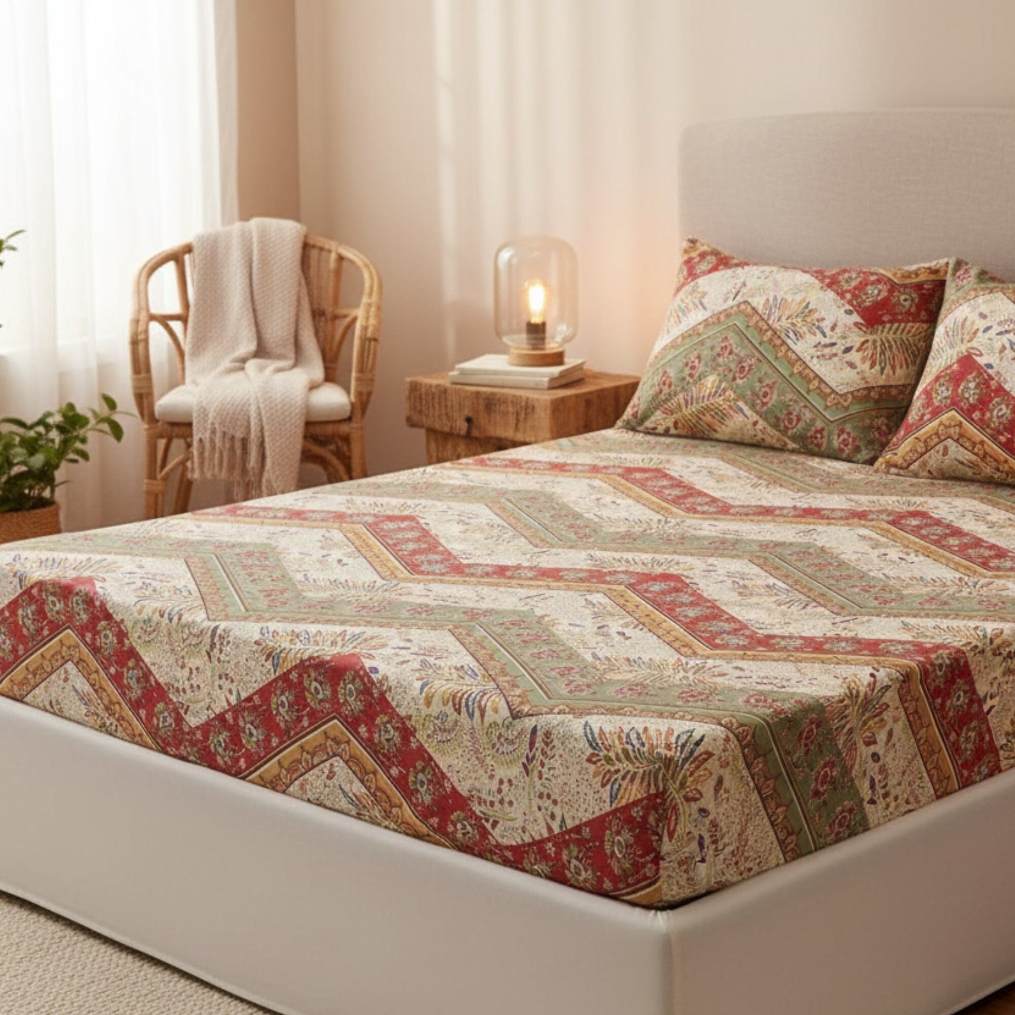 Botanical Cranberry Sage Chevron Floral Fitted Bed Sheet w/ Pillow Cases