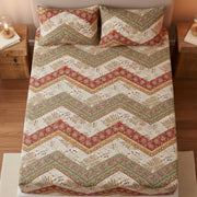 Botanical Cranberry Sage Chevron Floral Fitted Bed Sheet w/ Pillow Cases