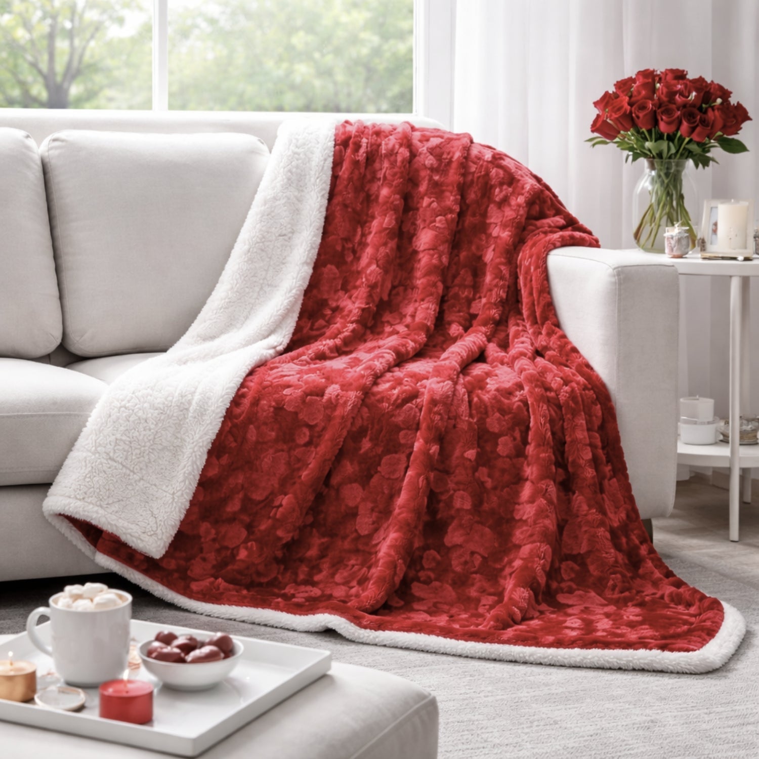 Romantic Red, Lovely Hearts, Dreamy Plush Faux Fur Throw Blanket