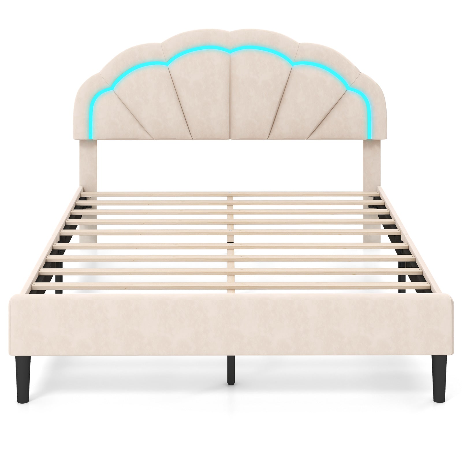 Upholstered LED Bed Frame with Adjustable Flower Headboard Queen Size