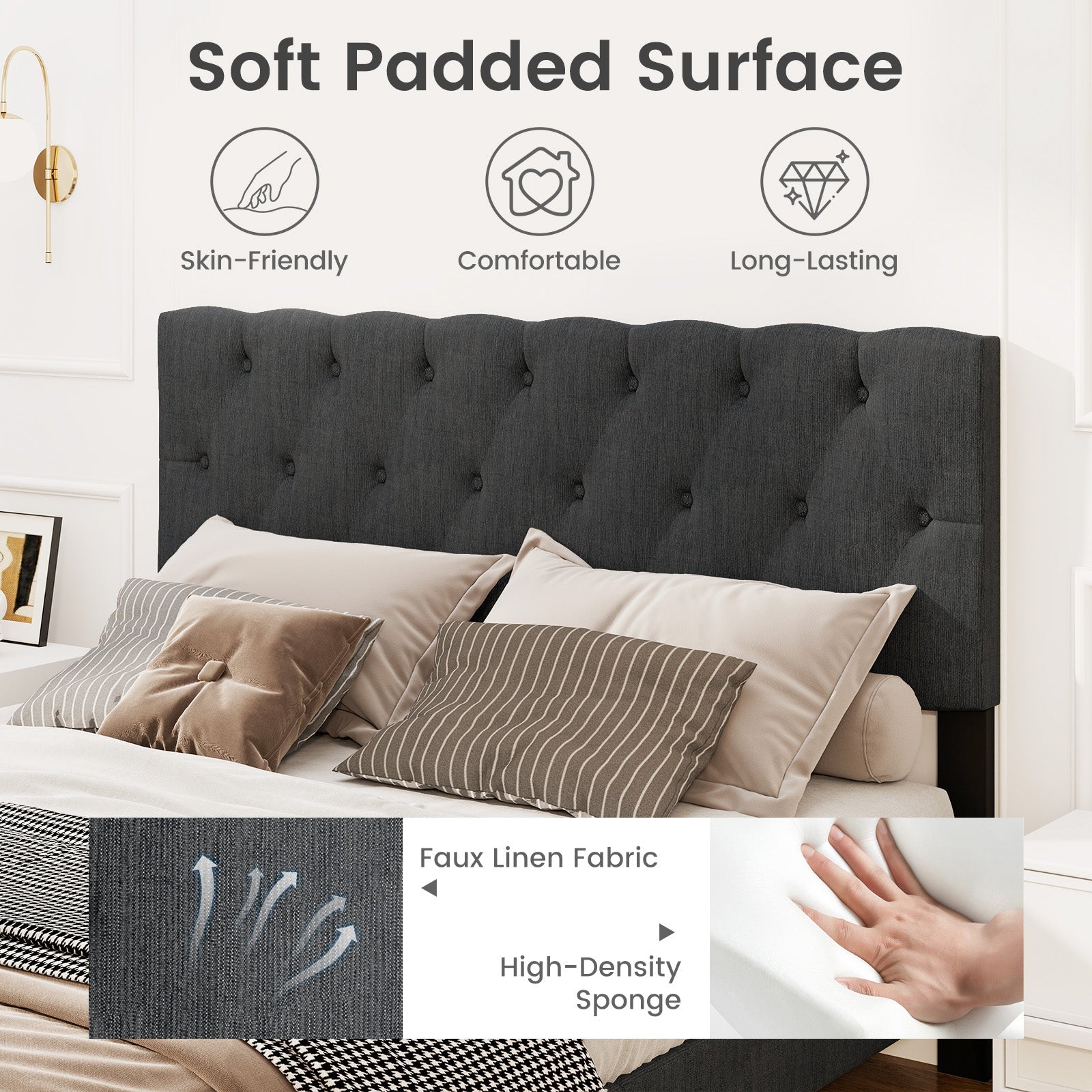 Upholstered Platform Bed with Tufted Headboard and Wooden Slats Gray-Queen Size