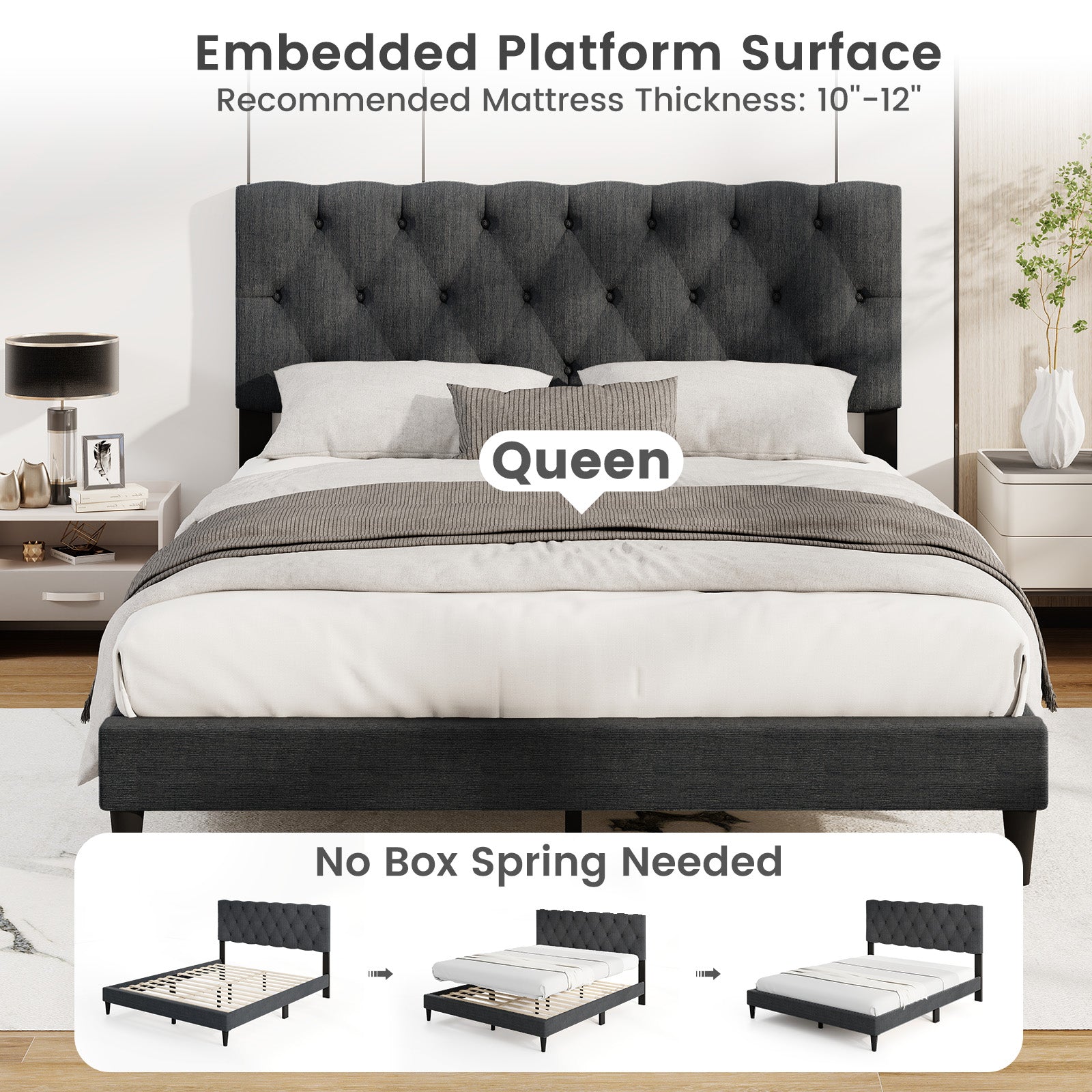 Upholstered Platform Bed with Tufted Headboard and Wooden Slats Gray-Queen Size