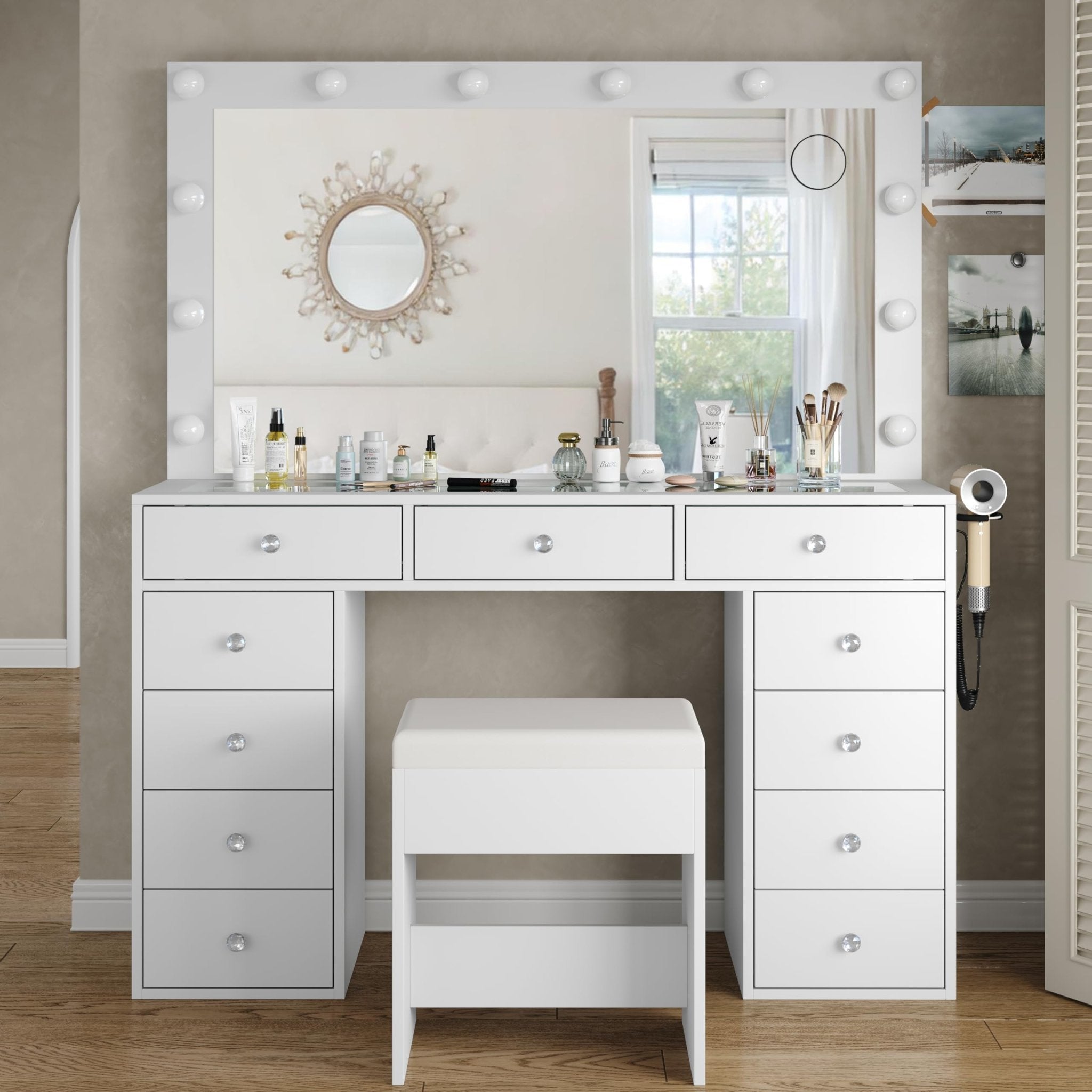 Makeup Vanity desk with LED Mirror, 11 Drawers