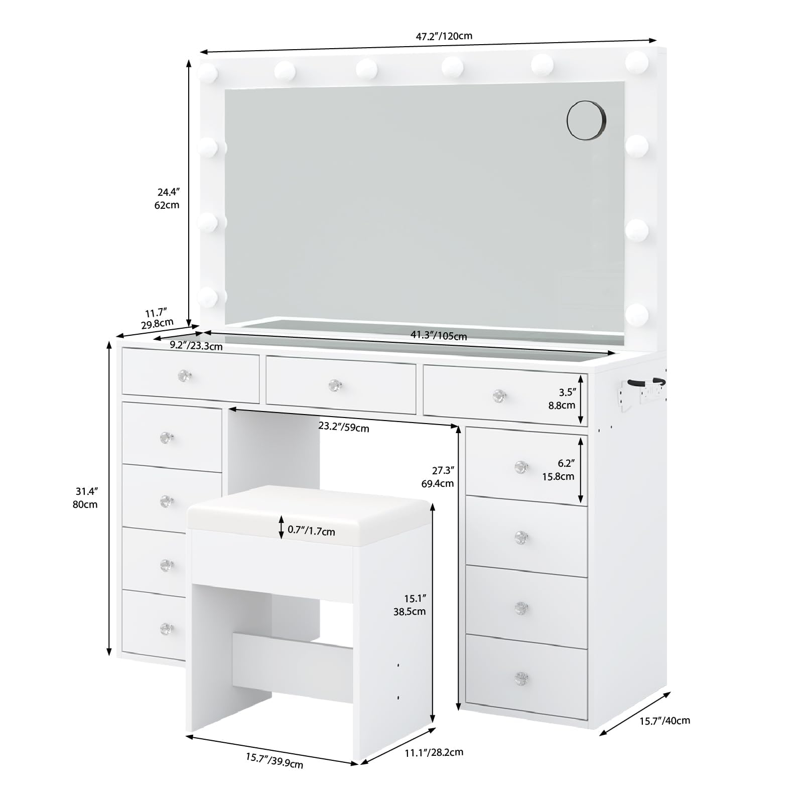 Makeup Vanity desk with LED Mirror, 11 Drawers