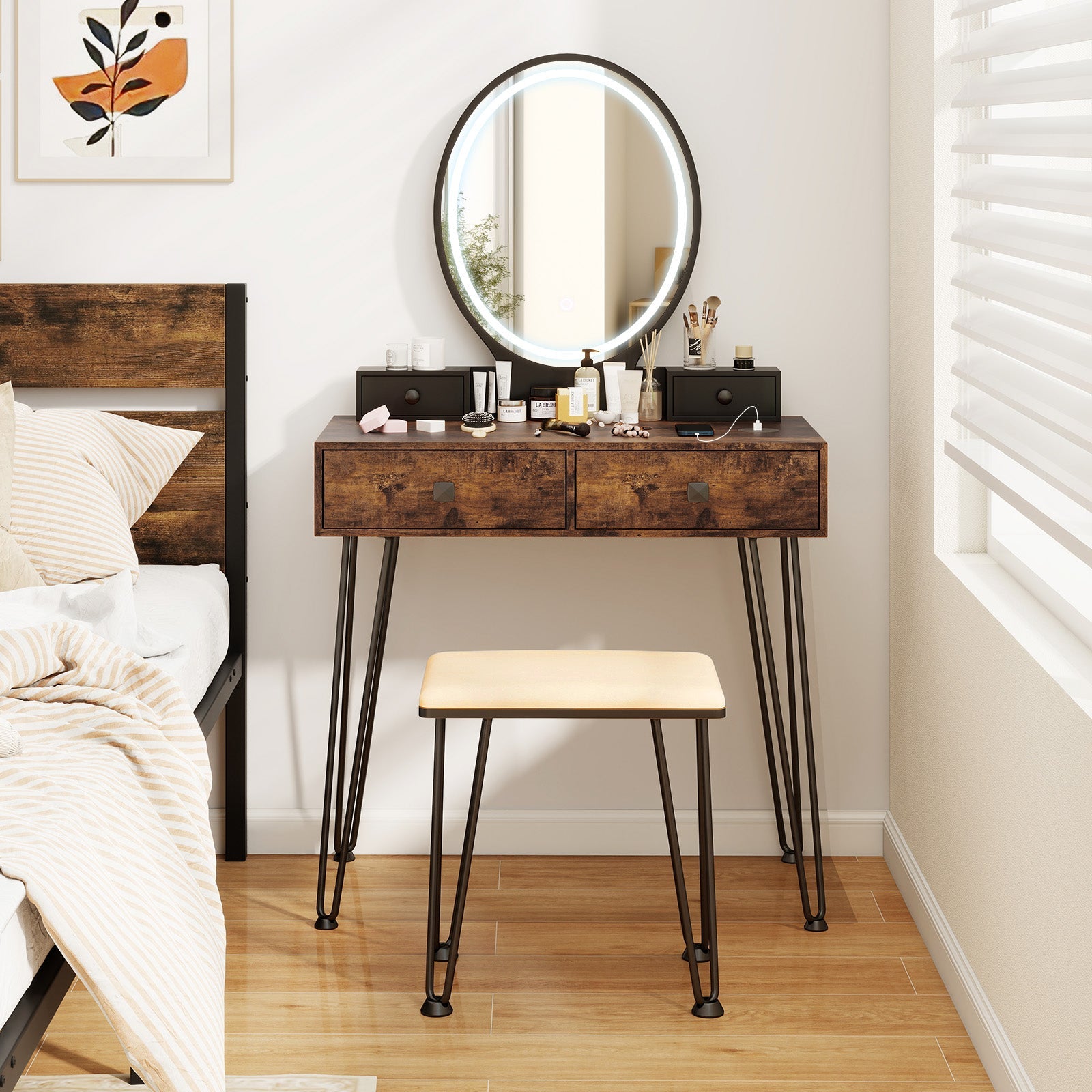 Vanity Table Set with 3-Color Lighted Dimmable Mirror-Brown
