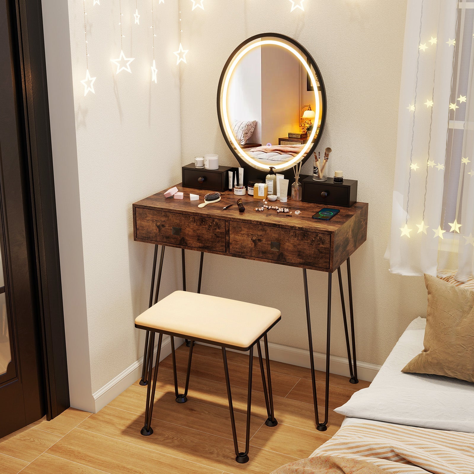 Vanity Table Set with 3-Color Lighted Dimmable Mirror-Brown