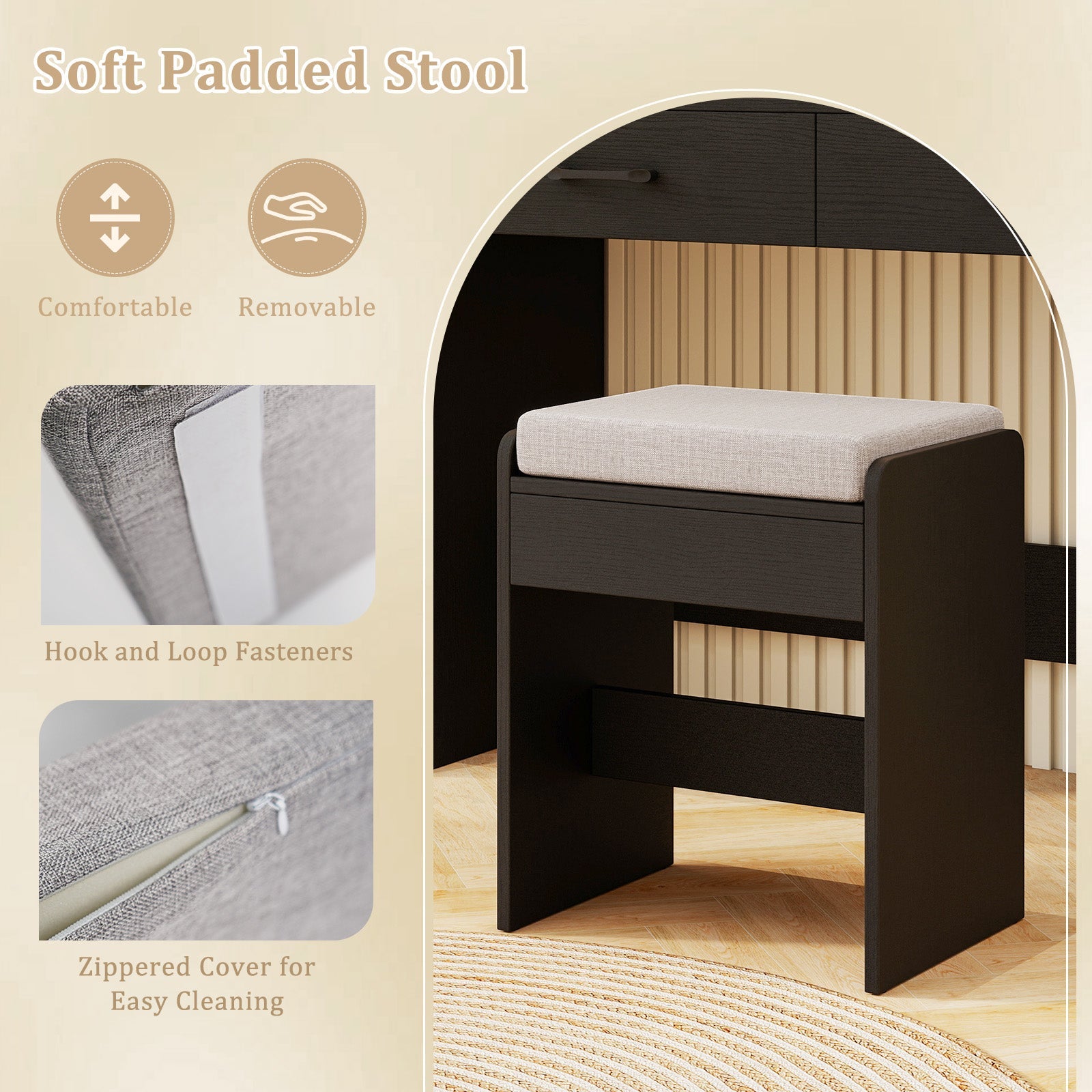 Vanity Set with Lighted Mirror and Stool with Power Outlet-Black