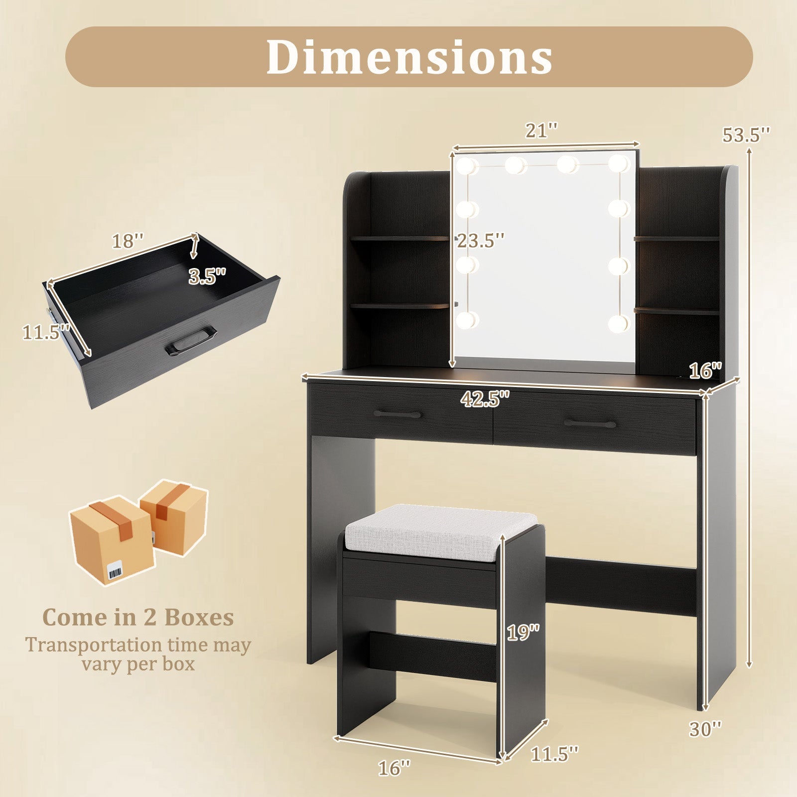 Vanity Set with Lighted Mirror and Stool with Power Outlet-Black