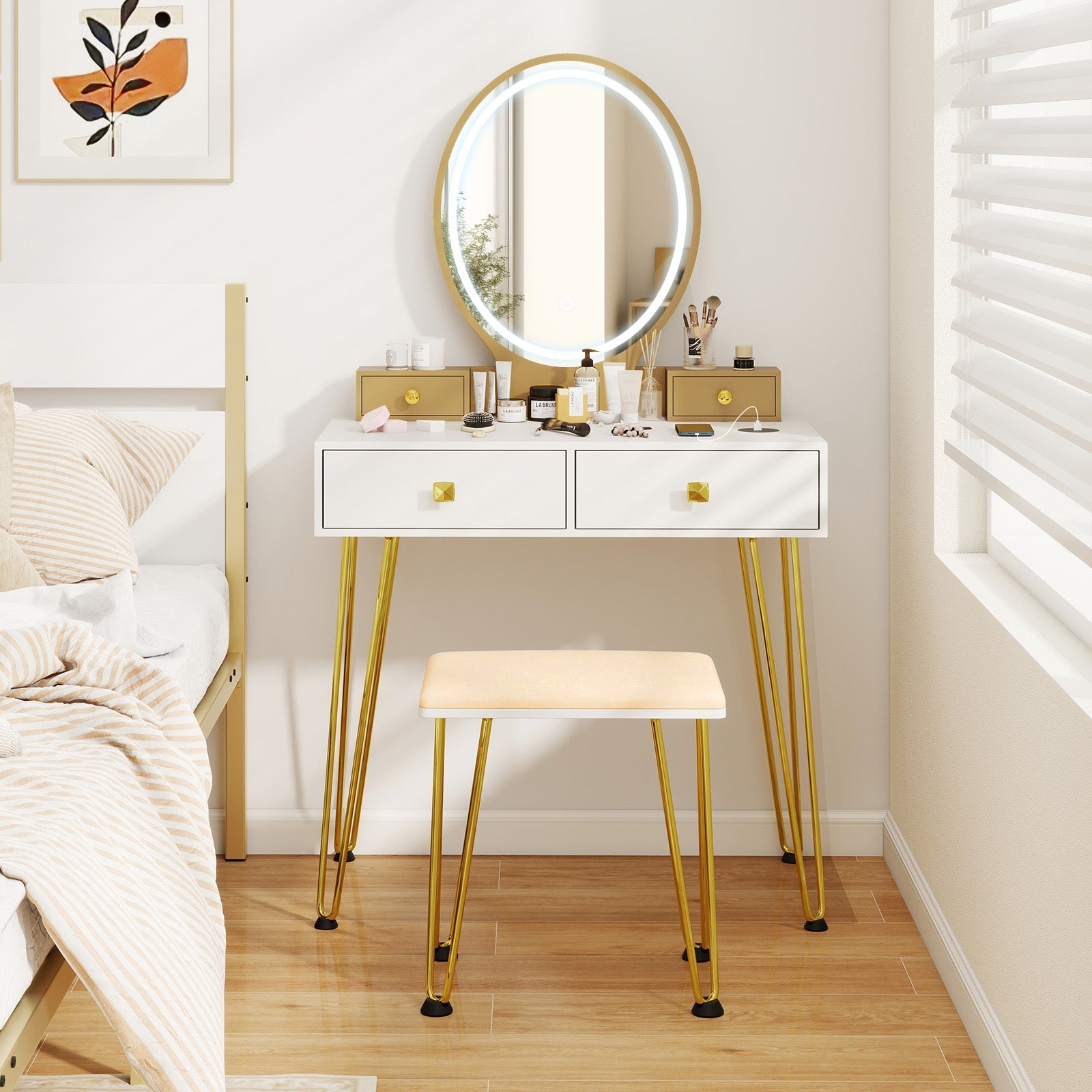Vanity Table Set with 3-Color Lighted Dimmable Mirror-White