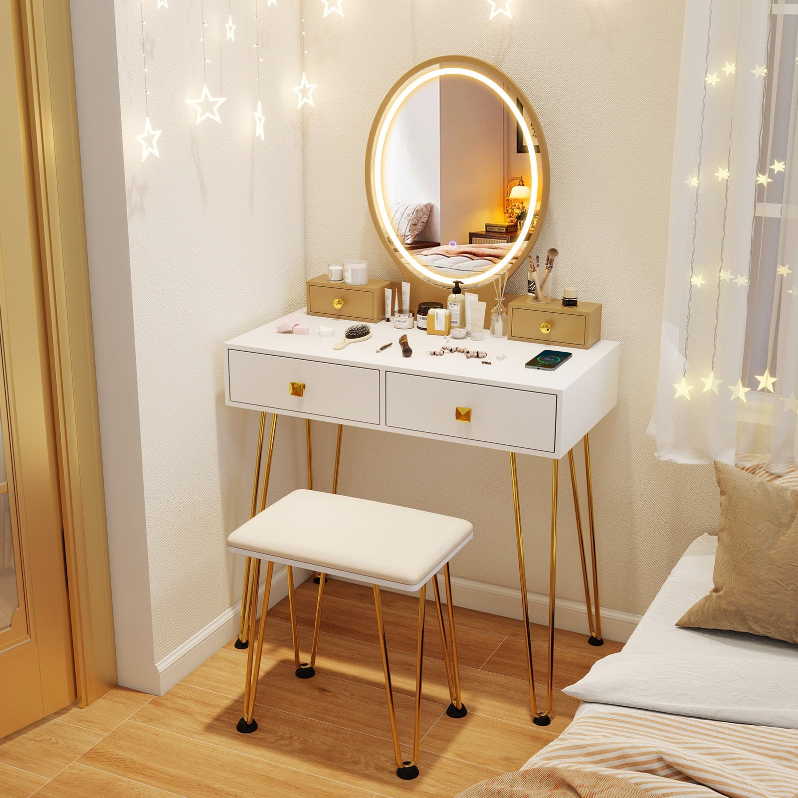 Vanity Table Set with 3-Color Lighted Dimmable Mirror-White