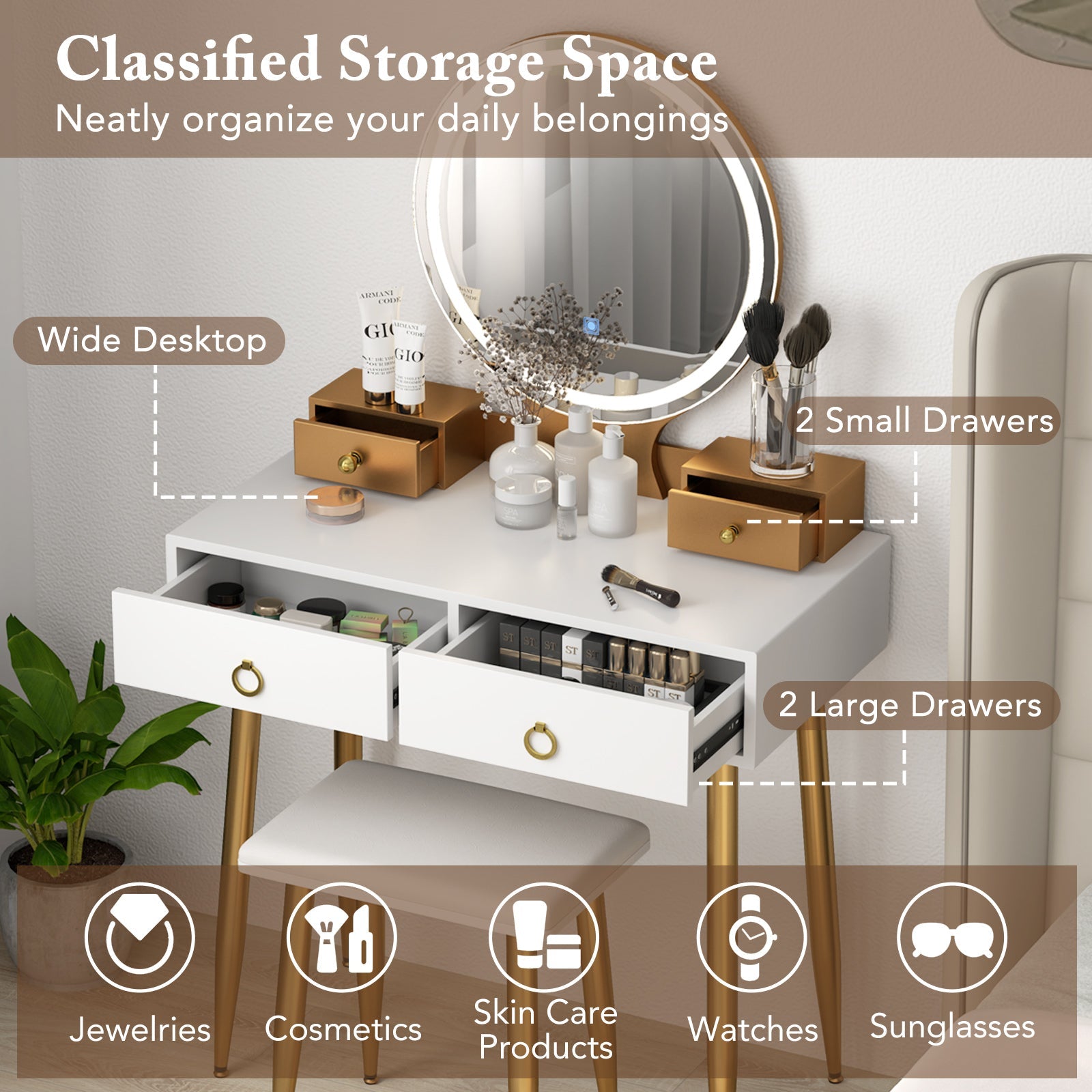 Vanity Table Set with Mirror-White