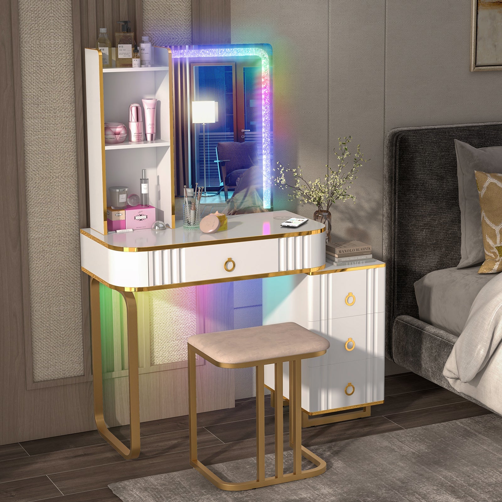 Vanity Table Set with RGB LED Lights & Wireless Charging Station-White