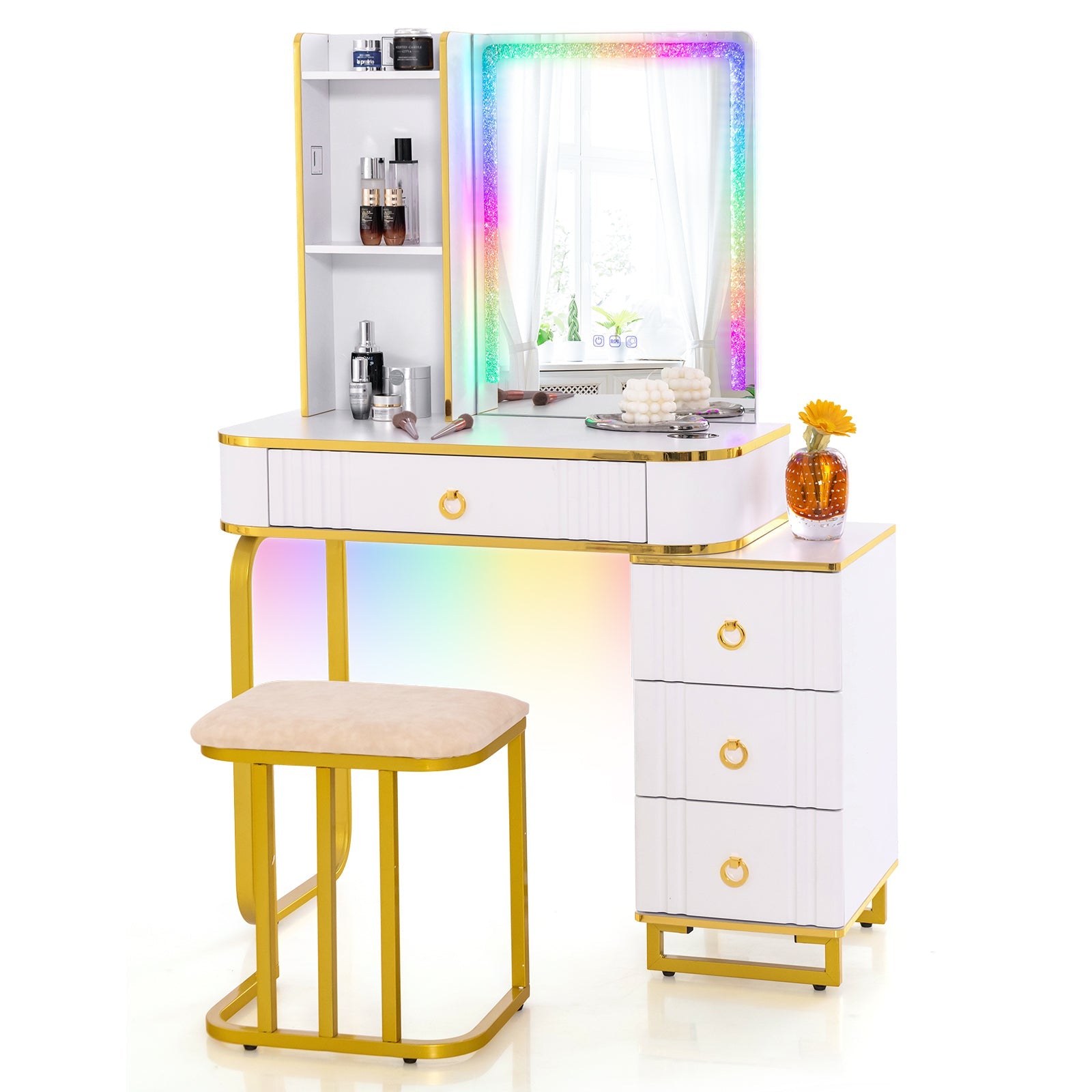 Vanity Table Set with RGB LED Lights & Wireless Charging Station-White