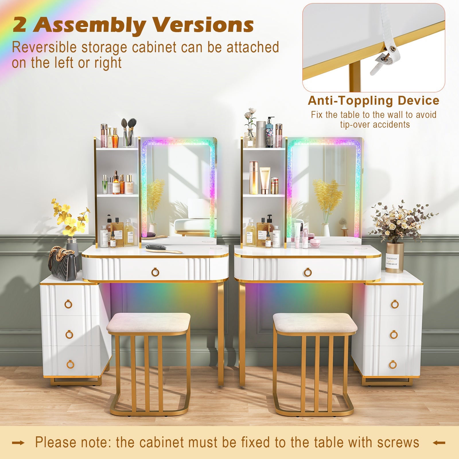 Vanity Table Set with RGB LED Lights & Wireless Charging Station-White