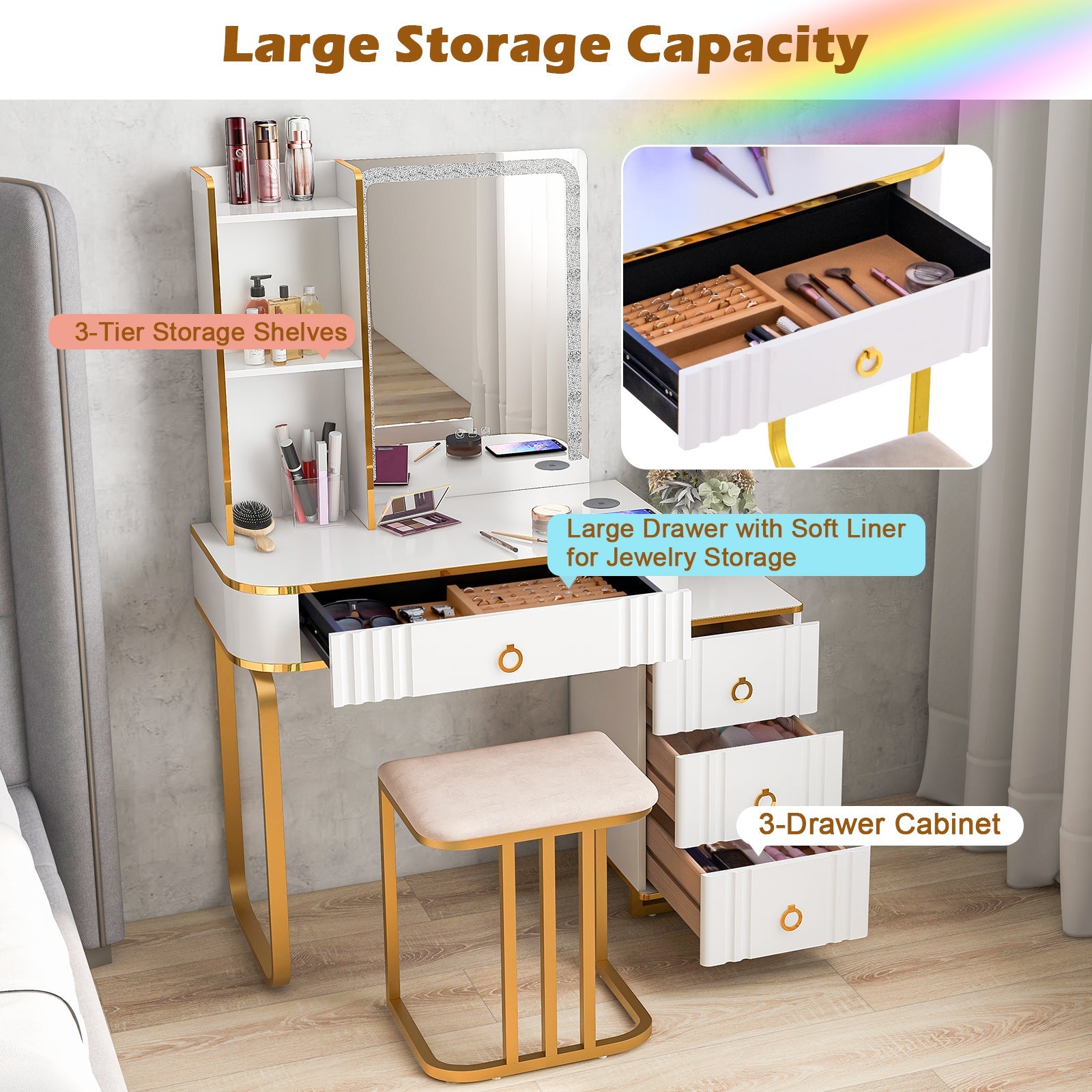 Vanity Table Set with RGB LED Lights & Wireless Charging Station-White