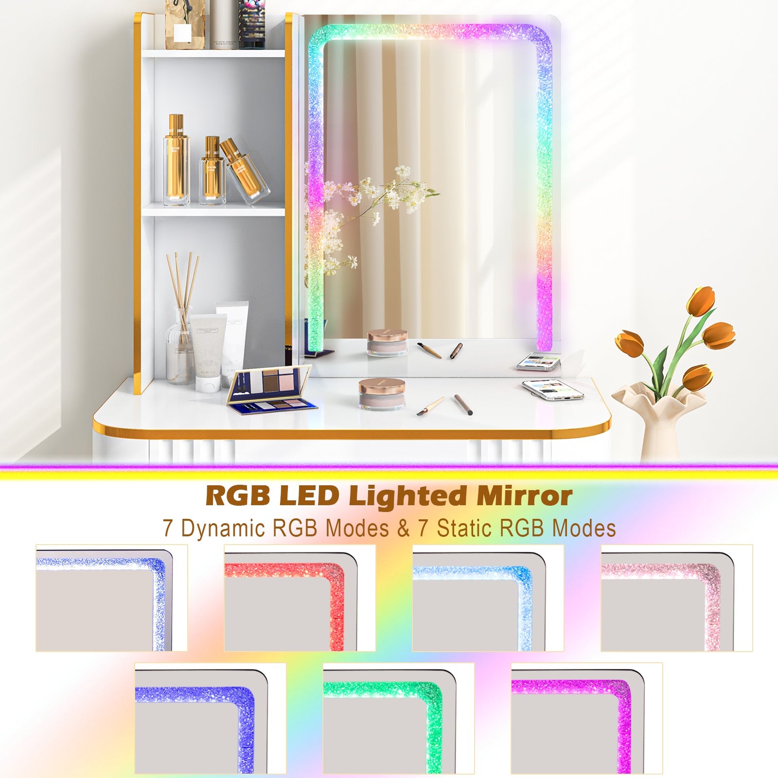 Vanity Table Set with RGB LED Lights & Wireless Charging Station-White