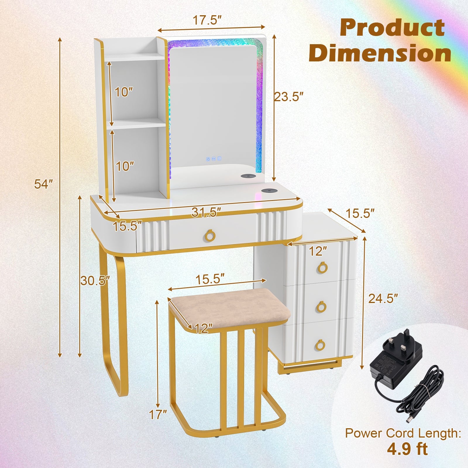 Vanity Table Set with RGB LED Lights & Wireless Charging Station-White