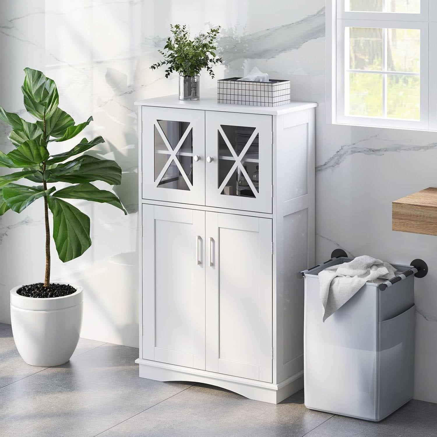 White Bathroom Towel Linen Cabinet with Glass Doors and Storage Shelves