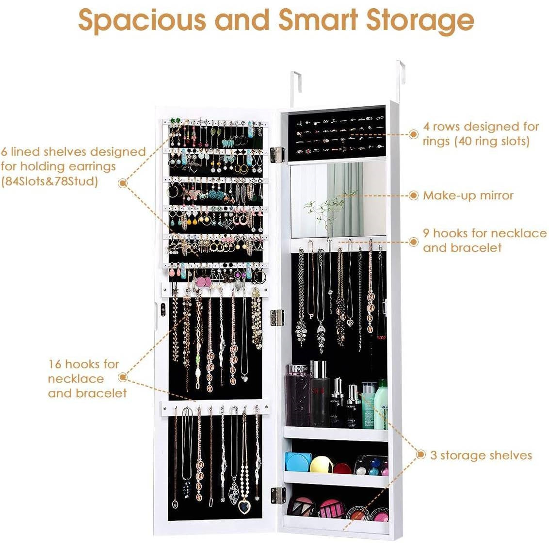2-in-1 Wall or Door Mounted Jewelry Organizer in White