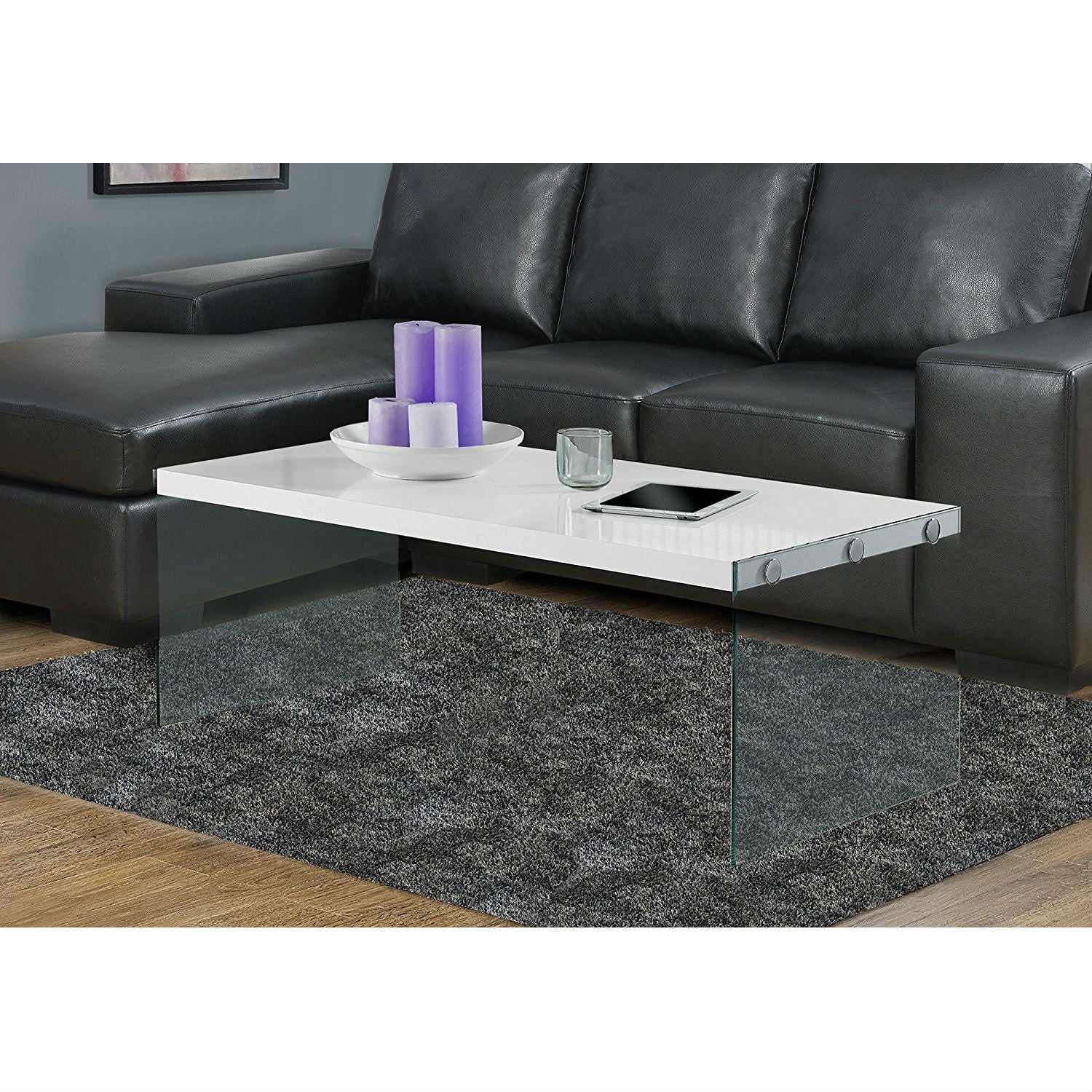 White, Rectangular Coffee Table with Tempered Glass Legs
