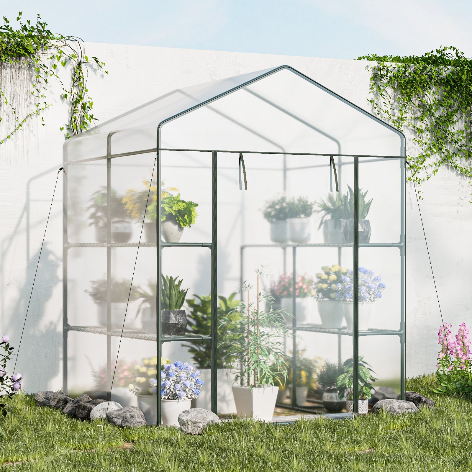 Walk-in Greenhouse with PVC Cover Roll-up Zippered Door