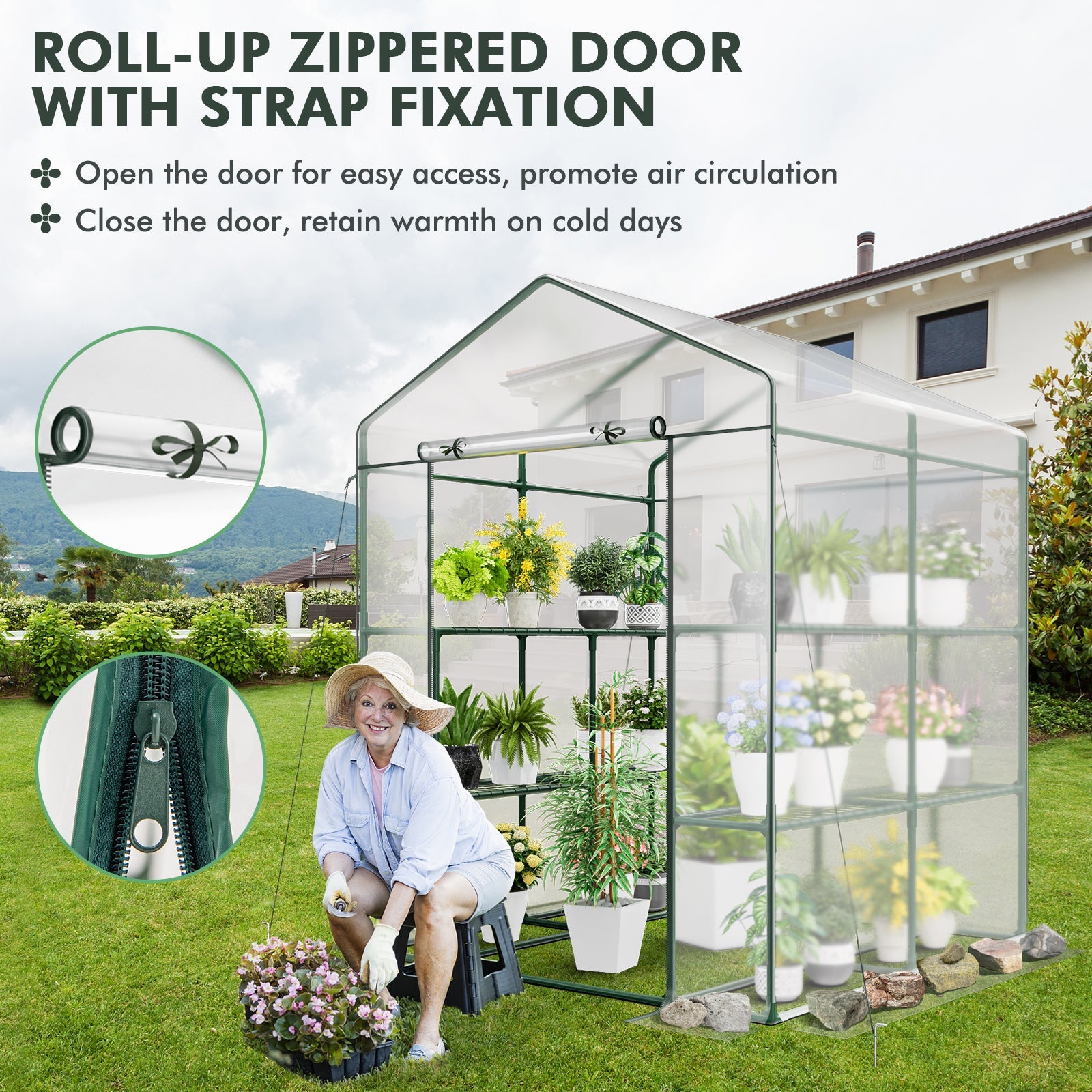 Walk-in Greenhouse with PVC Cover Roll-up Zippered Door