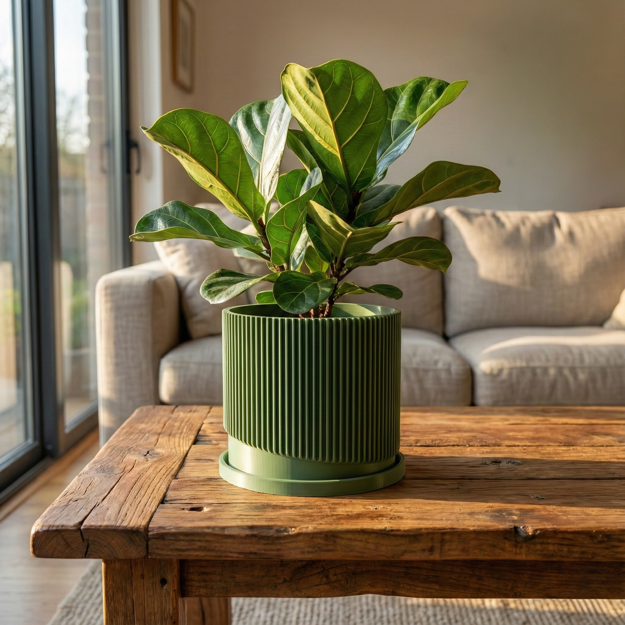 Mid-Century Ribbed Planter with Drainage and Saucer