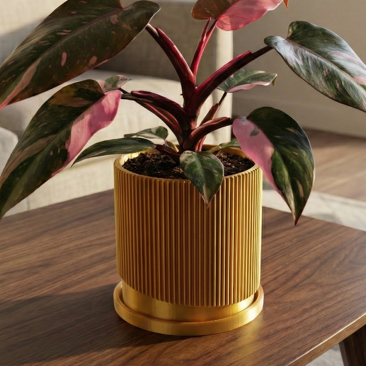 Mid-Century Ribbed Planter with Drainage and Saucer
