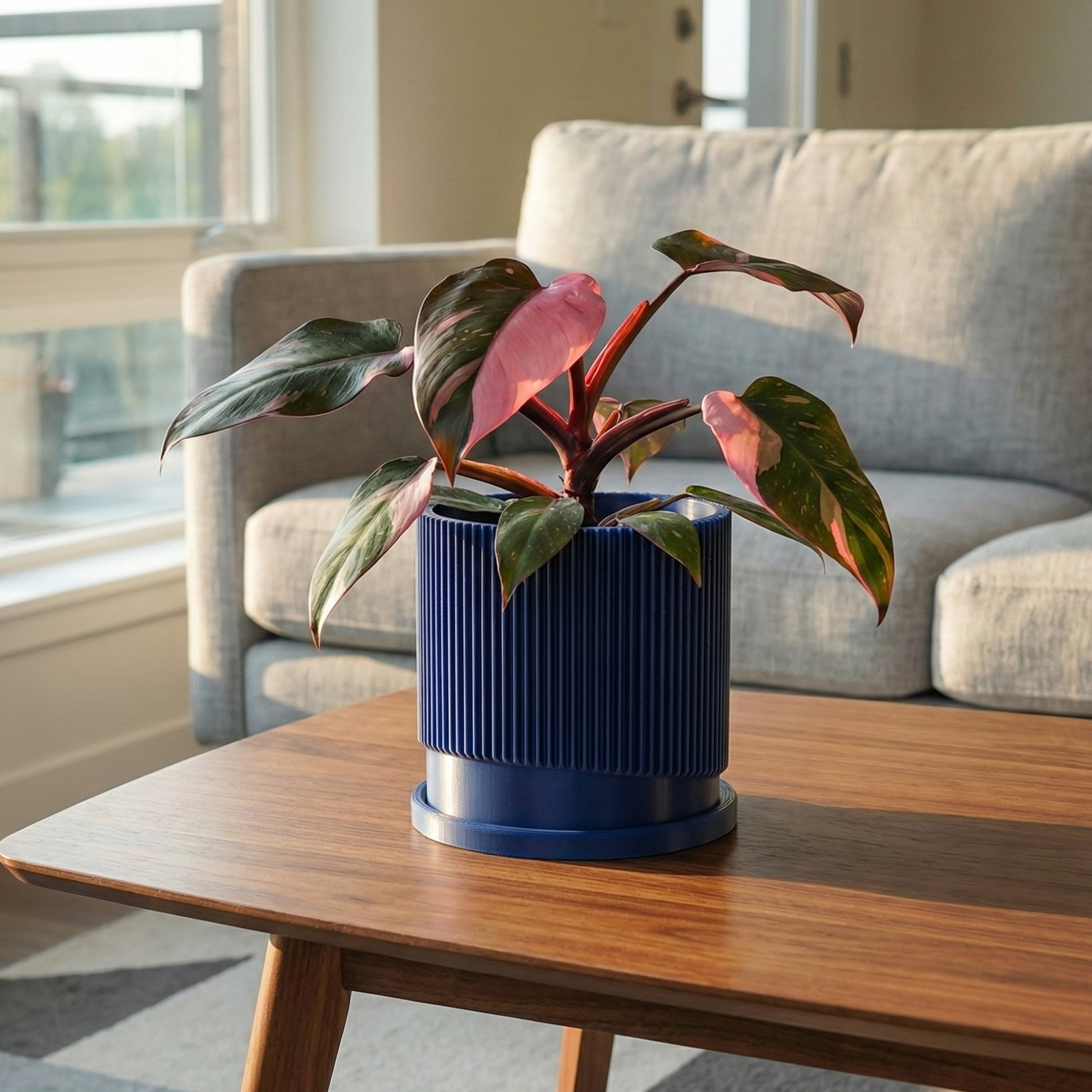 Mid-Century Ribbed Planter with Drainage and Saucer