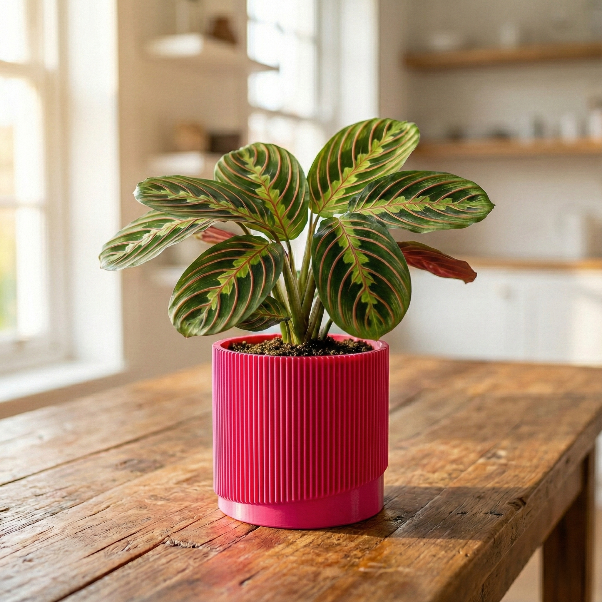 Mid-Century Ribbed Planter with Drainage and Saucer
