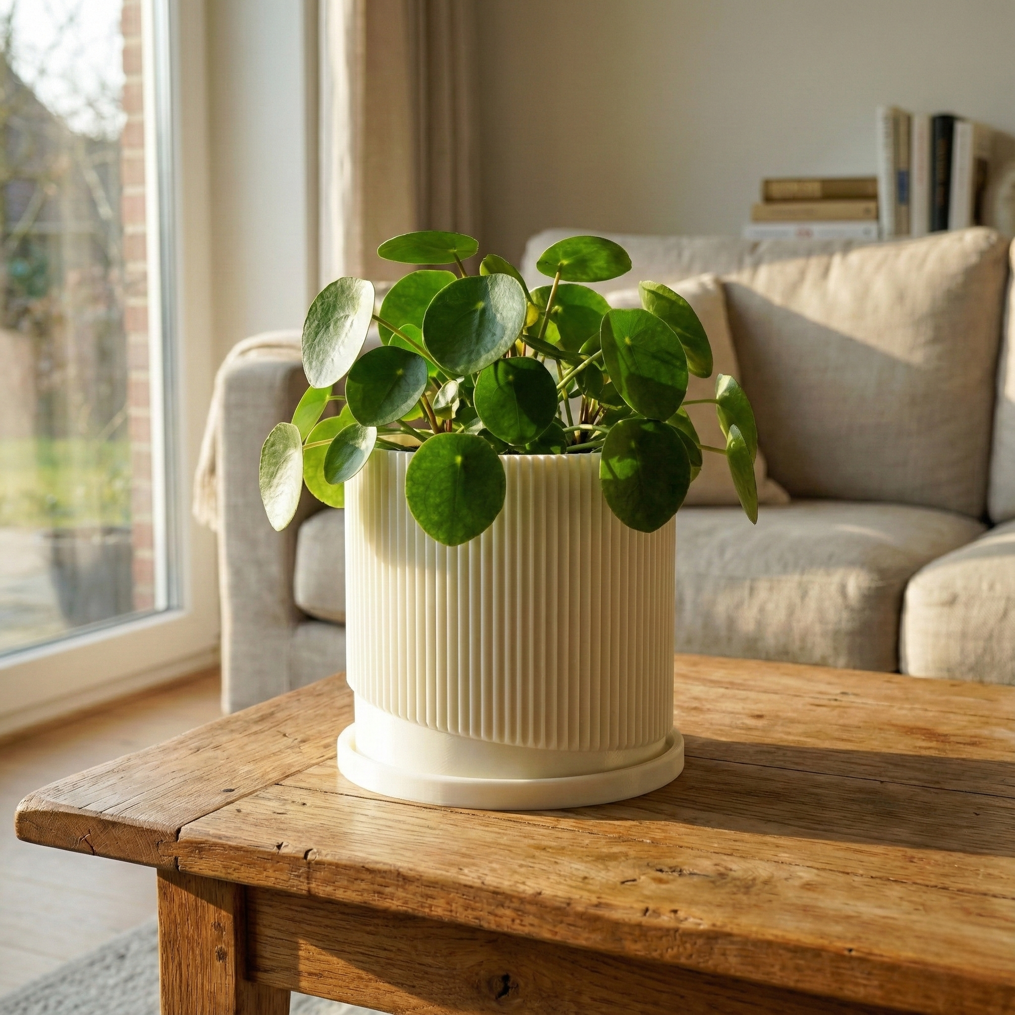 Mid-Century Ribbed Planter with Drainage and Saucer