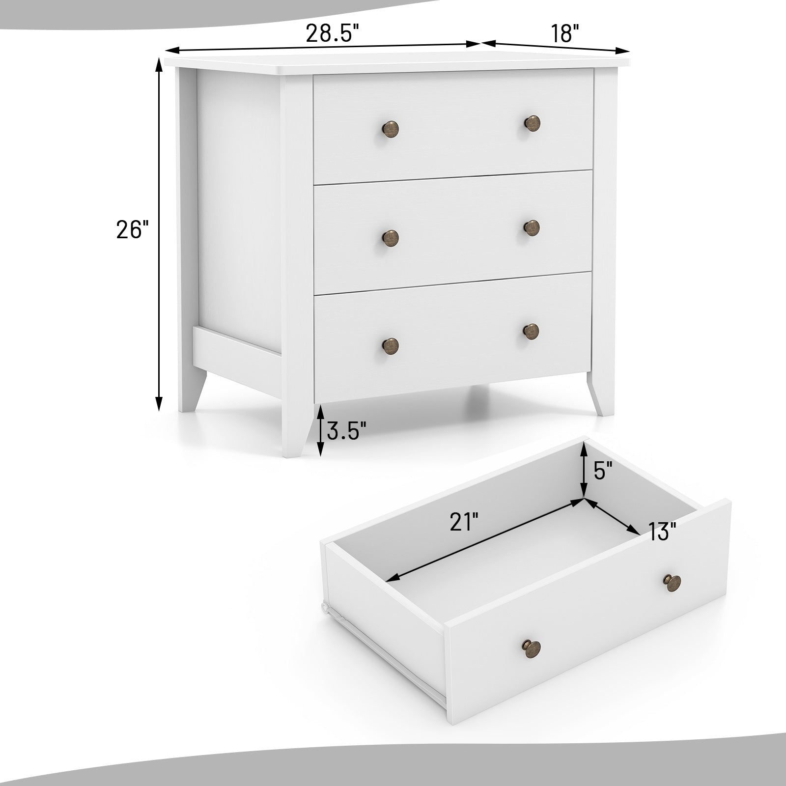 3 Drawer Dresser Chest of Drawers Bedside Table-White by DirectDeals